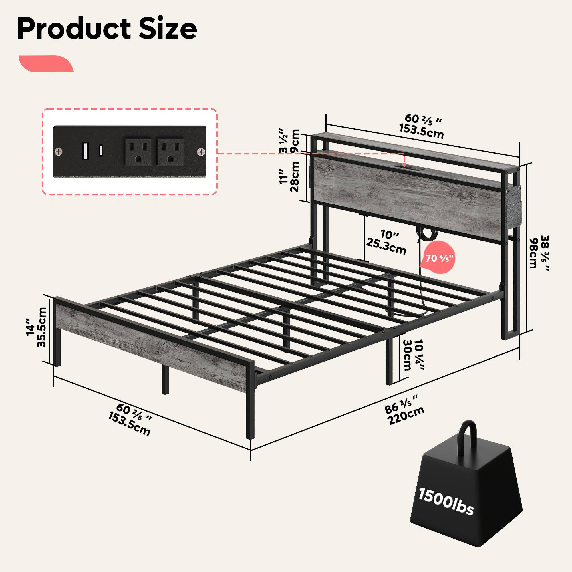Bestier - Queen Size Bed Frame Platform Bed with Storage Headboard LED Lights and Charging Station - Gray - Image 4