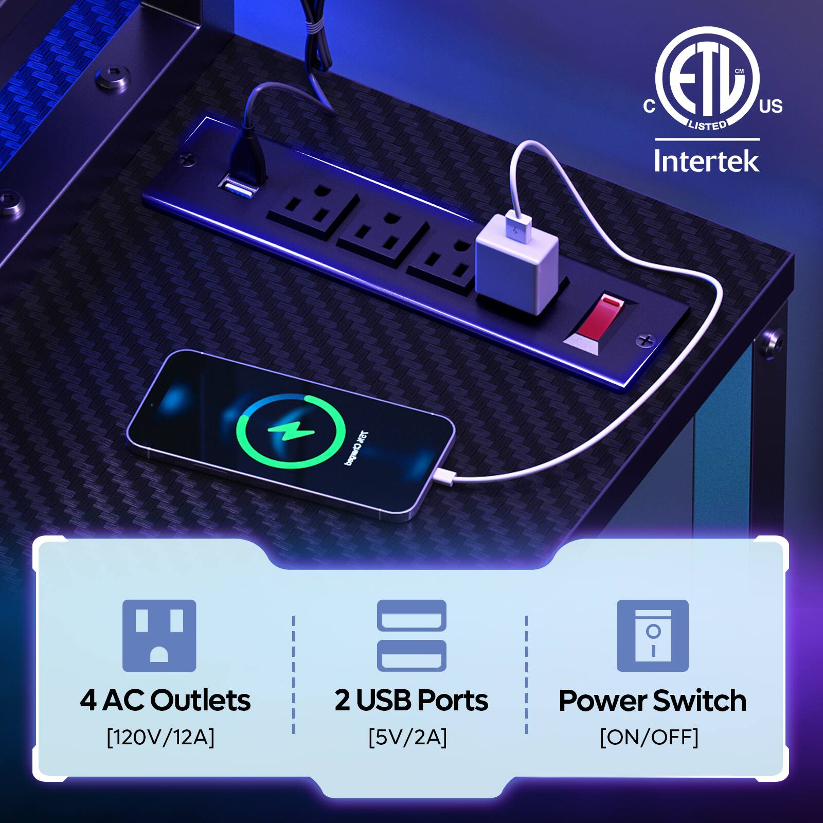 Bestier - 71.5" LED Gaming Desk with Hutch featuring a Computer Desk with Power Outlet and Monitor Stand - Black - Image 6