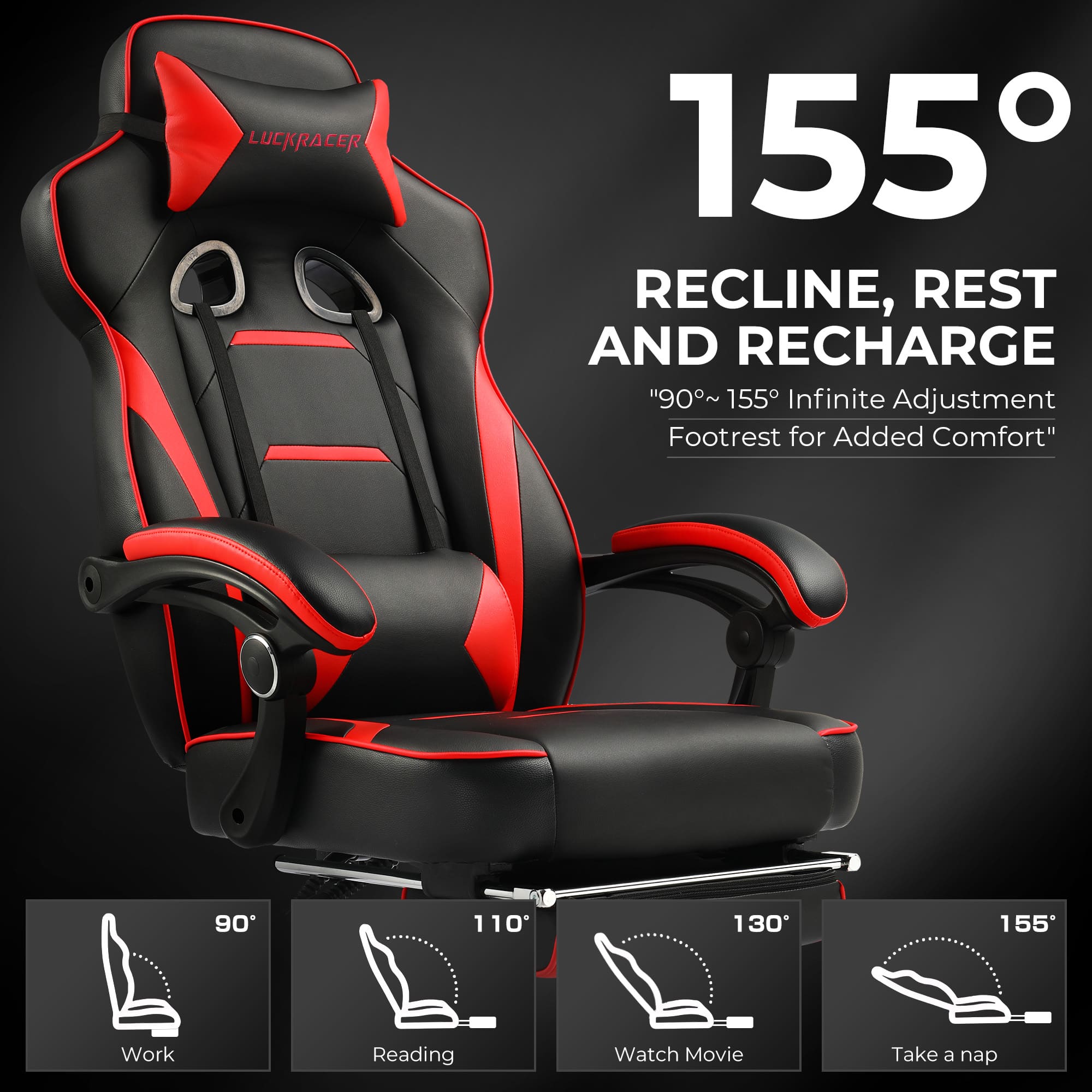 GTPlayer - F59 Racing Style Gaming Chair with Footrest - Red - Image 4