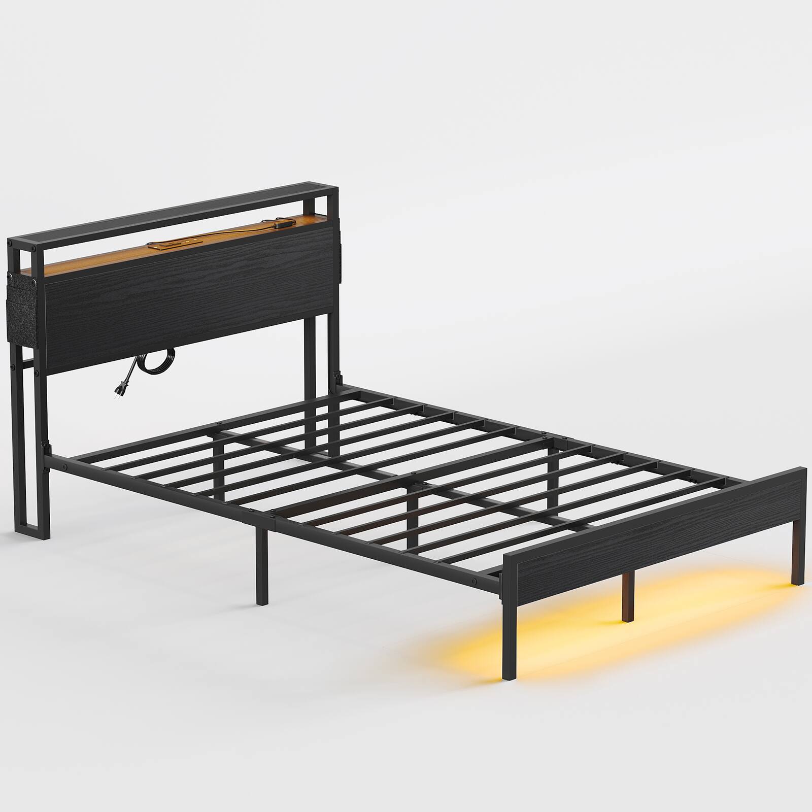 Bestier - Full Size Bed Frame with LED Lights, Storage Headboard, USB Ports & Under-Bed Space, No Box Spring Needed - Black - Image 2
