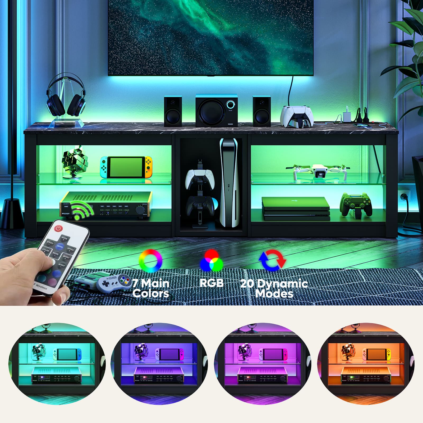 Bestier - 63" Gaming Entertainment Center with LED Lighting, Cabinet, and Shelves for TVs up to 70" - Black - Image 6