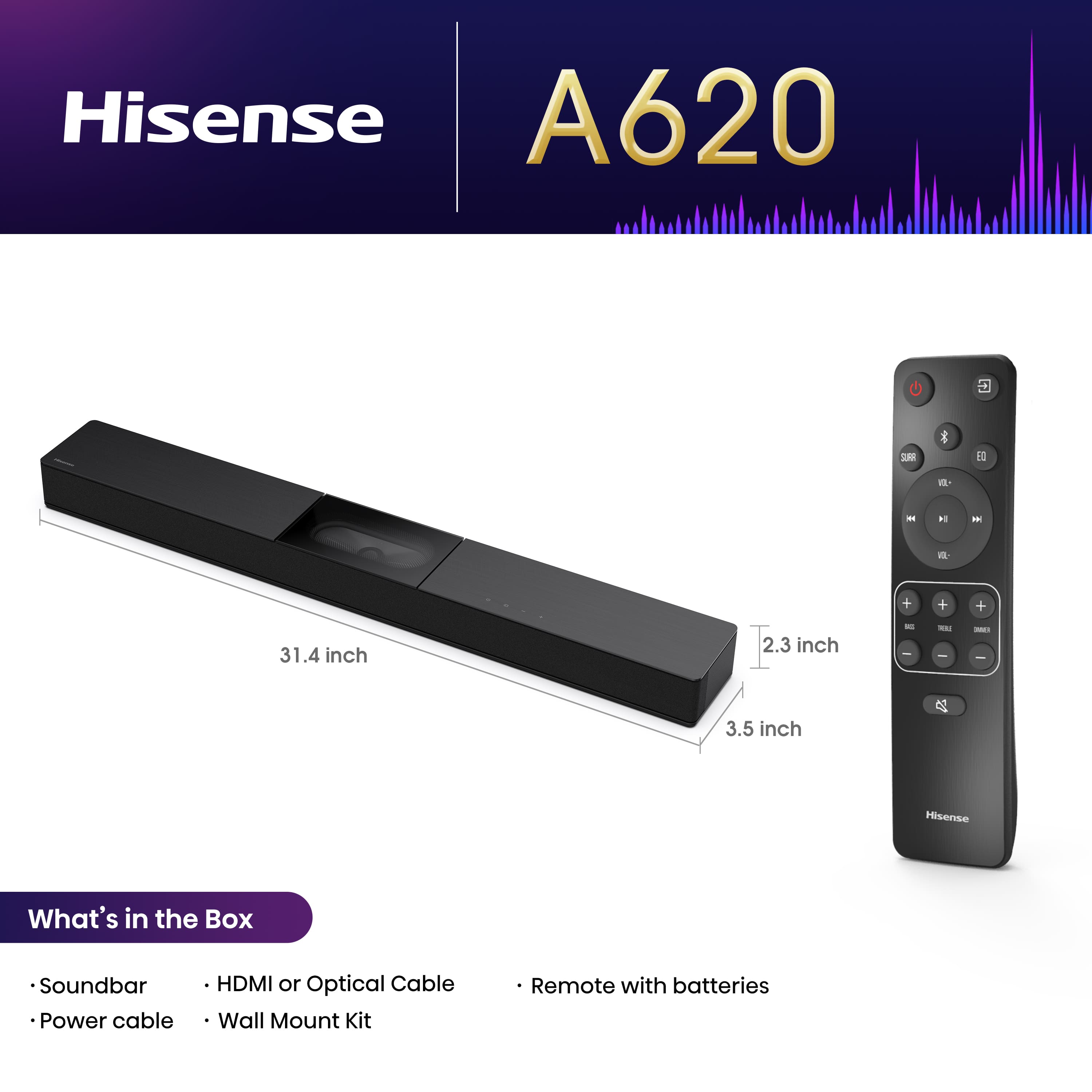 Hisense - 2.1 Channel 240W Soundbar with Built-in Subwoofer (A620) - Black - Image 3