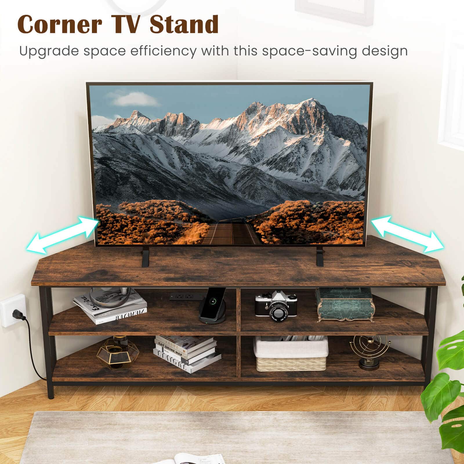Costway - Corner TV Stand for TVs up to 65" TV Console Table with AC Outlets&USB A Ports - Rustic Brown - Image 5