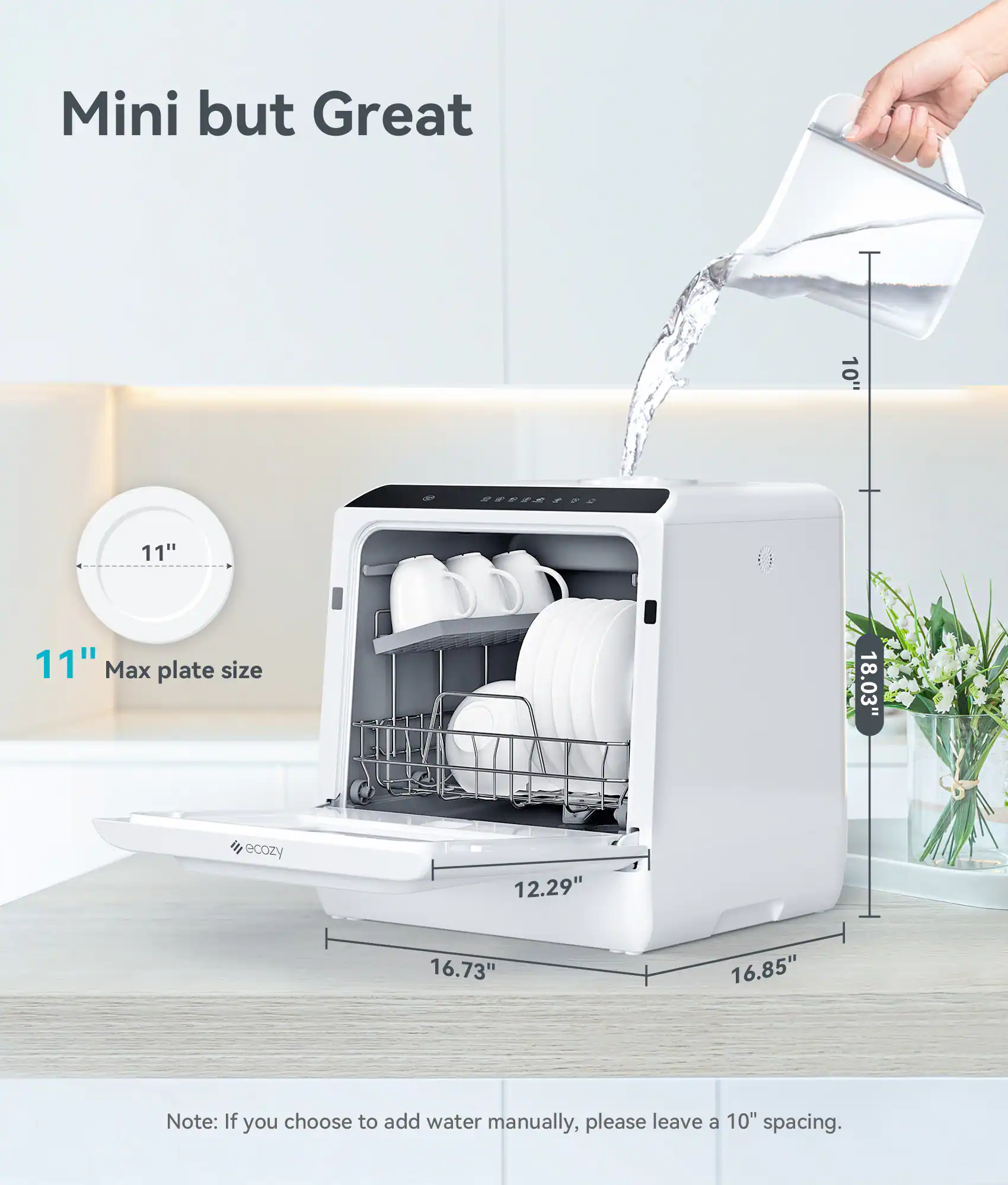 Ecozy - 17-Inch Portable Countertop Dishwasher with 5L Water Tank - White - Image 3