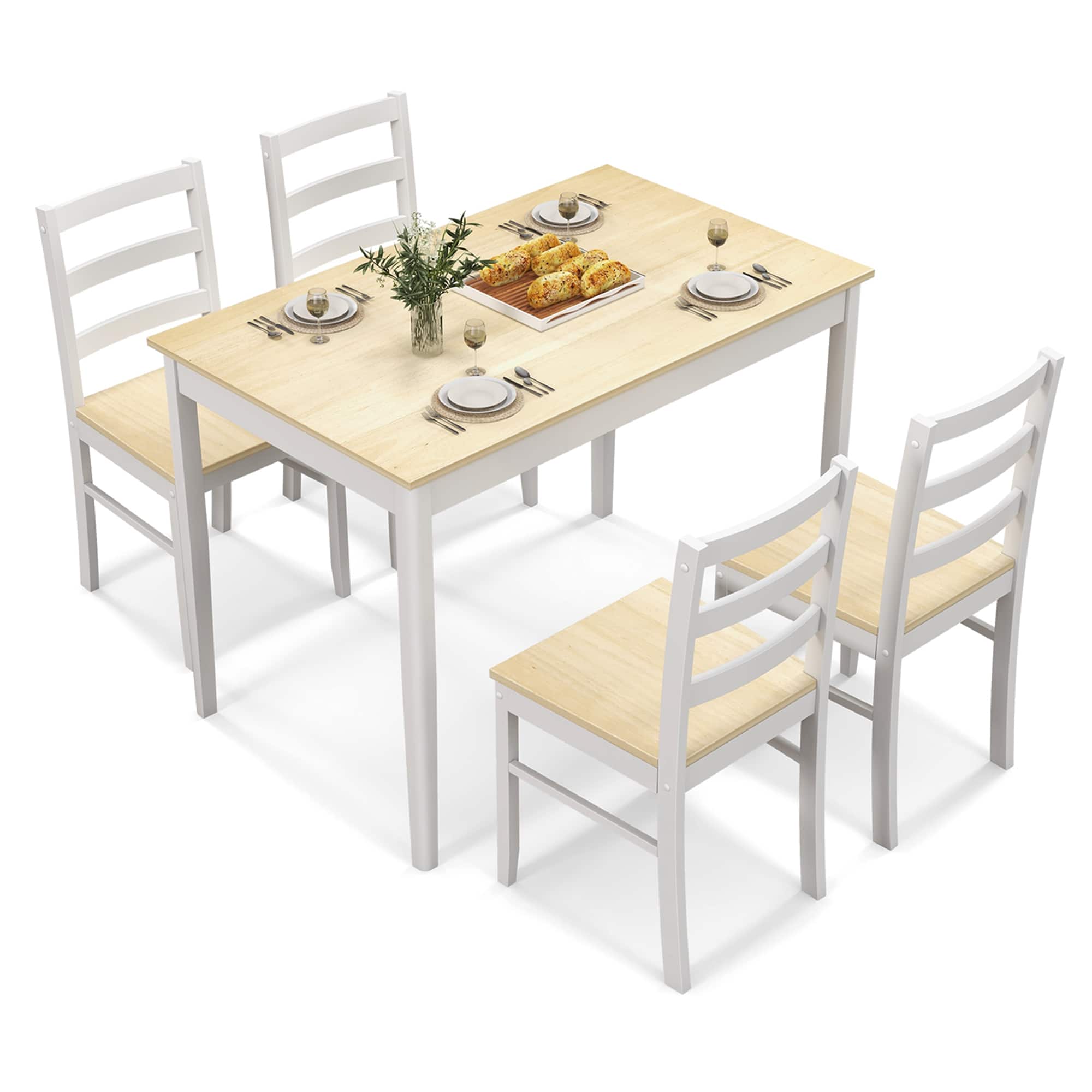 Costway - 5-Piece Dining Set Solid Wood Kitchen Furniture with Rectangular Table & 4 Chairs - Natural - Image 10