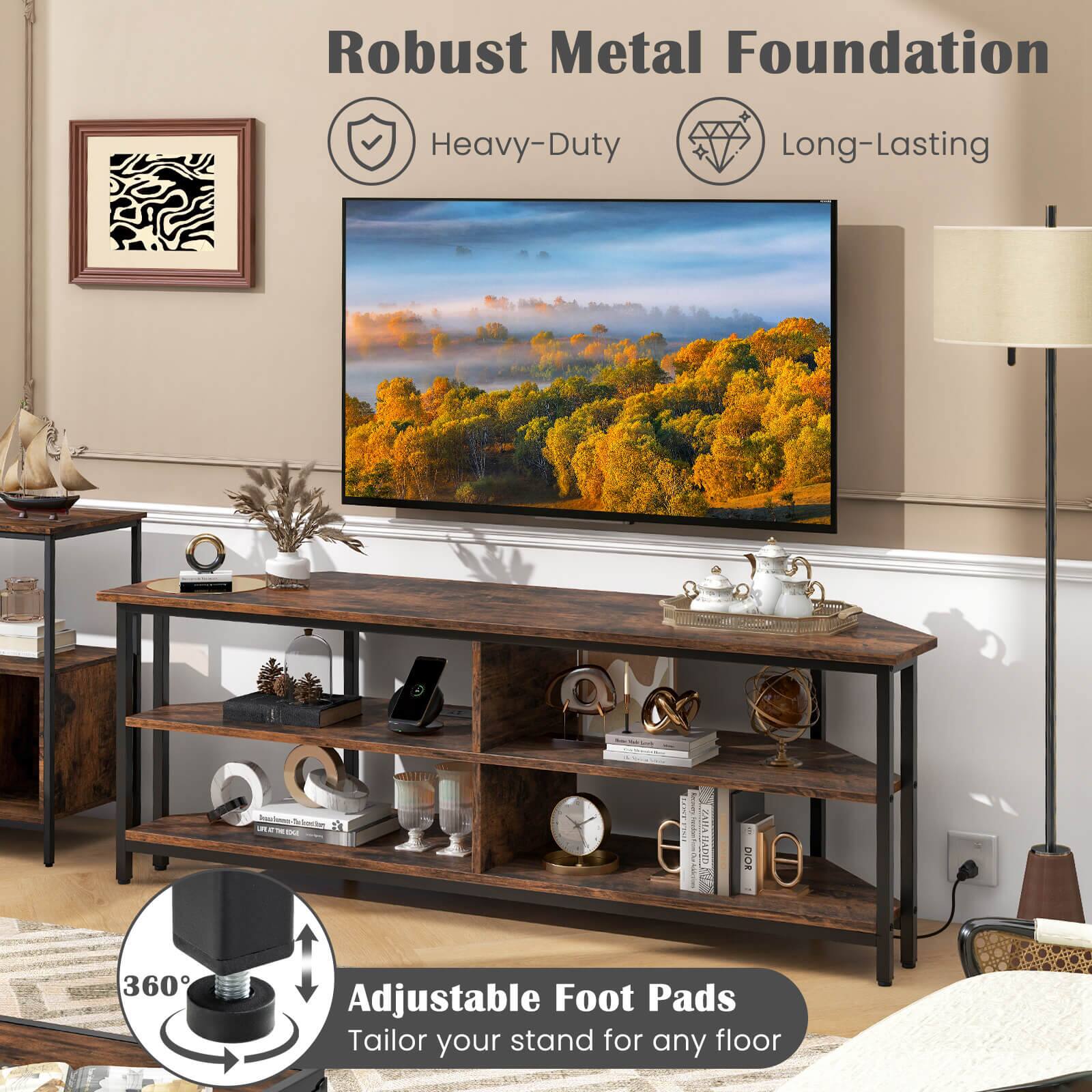 Costway - Corner TV Stand for TVs up to 65" TV Console Table with AC Outlets&USB A Ports - Rustic Brown - Image 6