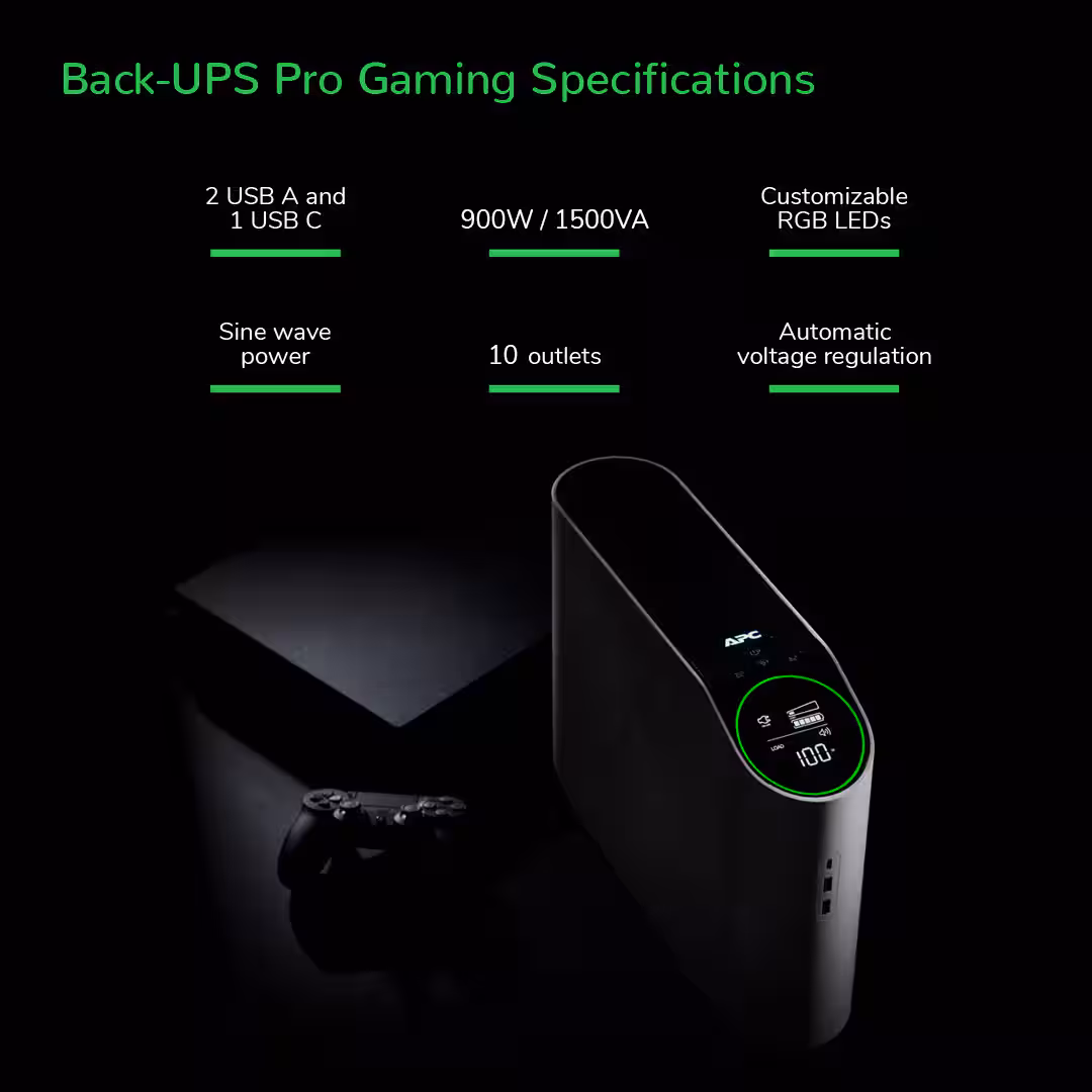 1500VA, 120V APC Back-UPS Pro Gaming with Pure Sinewave, RGB Reactor Circle, 3 USB, 10 outlets (4 surge) - White - Image 5