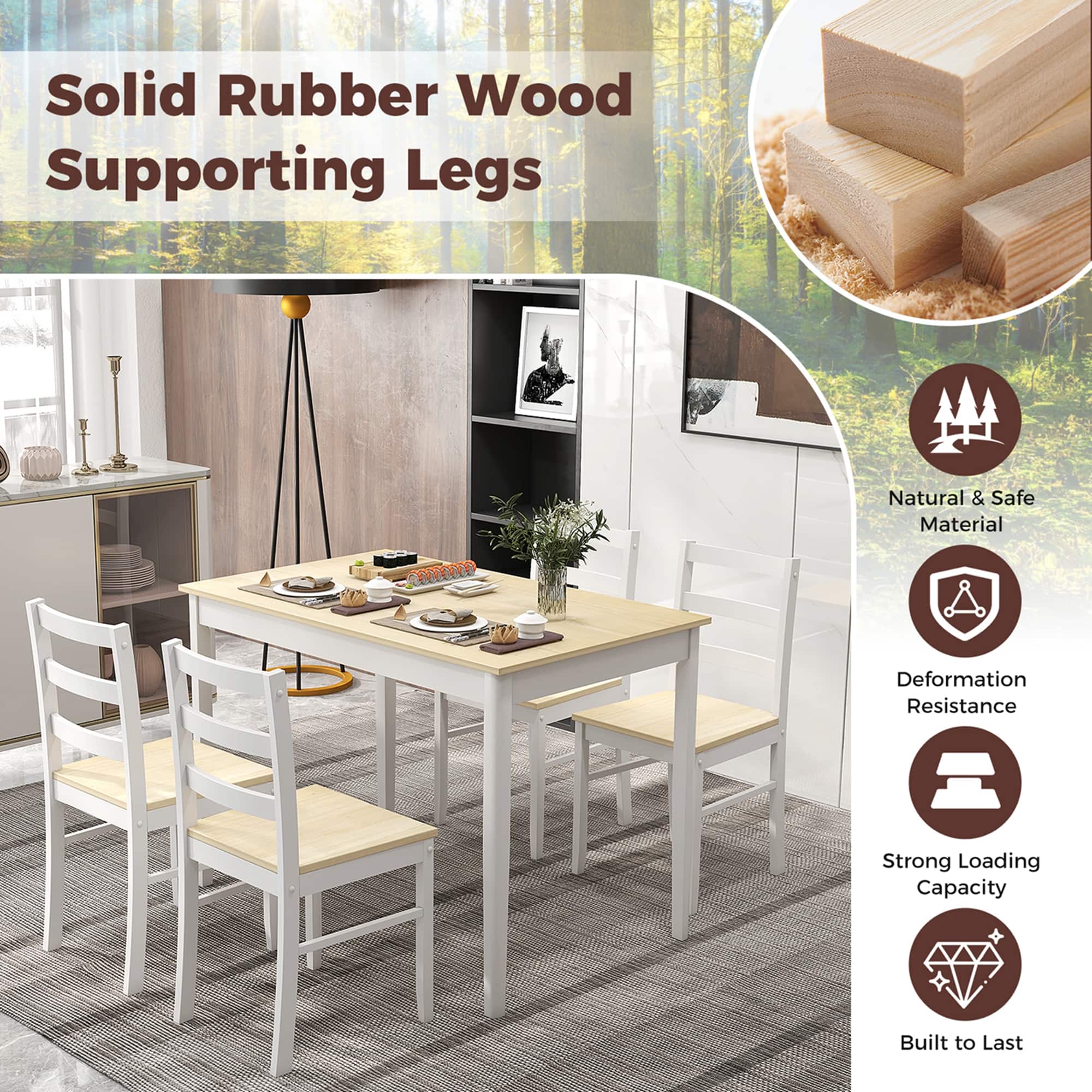 Costway - 5-Piece Dining Set Solid Wood Kitchen Furniture with Rectangular Table & 4 Chairs - Natural - Image 7