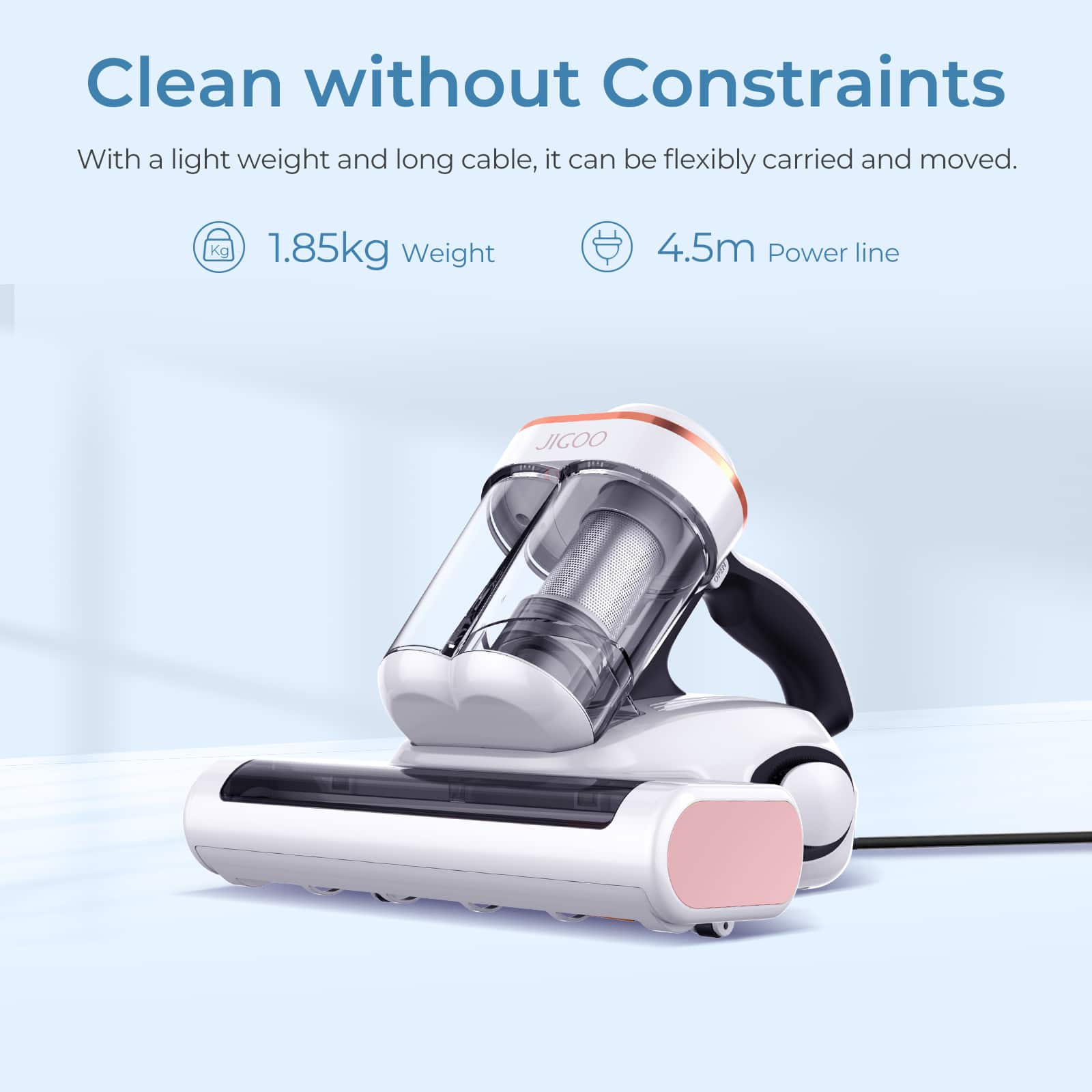 JIGOO - Bed Vacuum Cleaner with Dust Sensor, 13Kpa Suction 500W Mattress Vac with UV Light & Ultrasonic for Dust & Pet Hair - White - Image 14