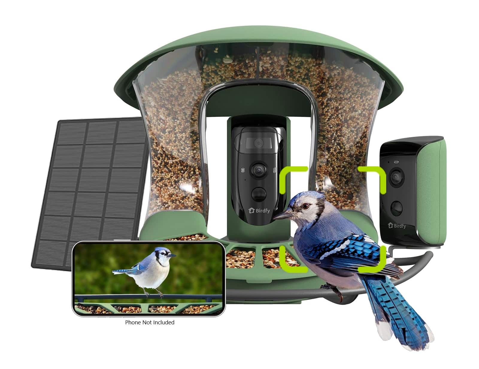 BIRDFY - 2 Smart Bird Feeder with Camera, Dual-Angle Views,AI Identifies 6000+ Birds,Solar-Powered, Motion Detection - Green