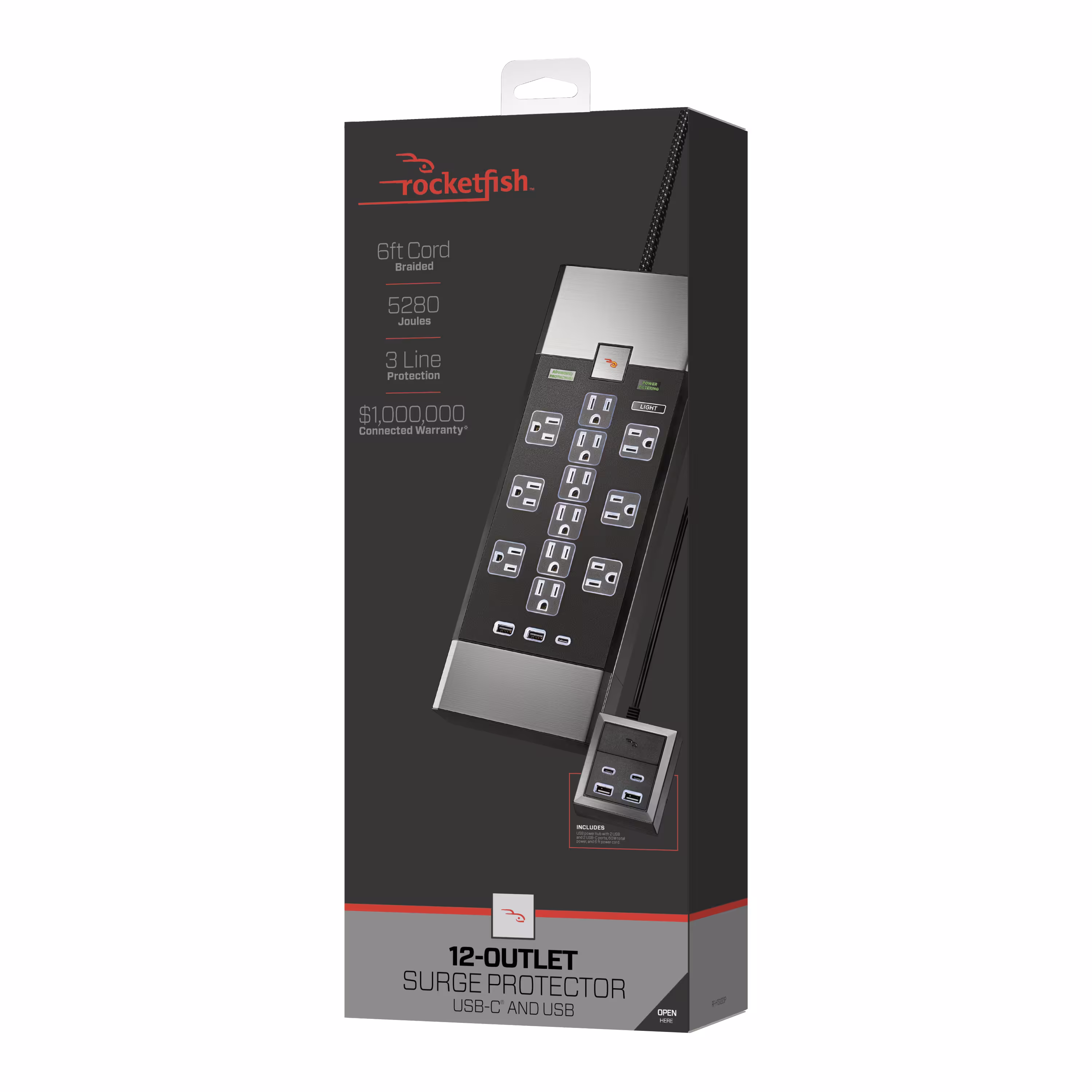 Rocketfish™ - 12-Outlet 5,280 Joules Surge Protector with USB and USB-C - Black - Image 12