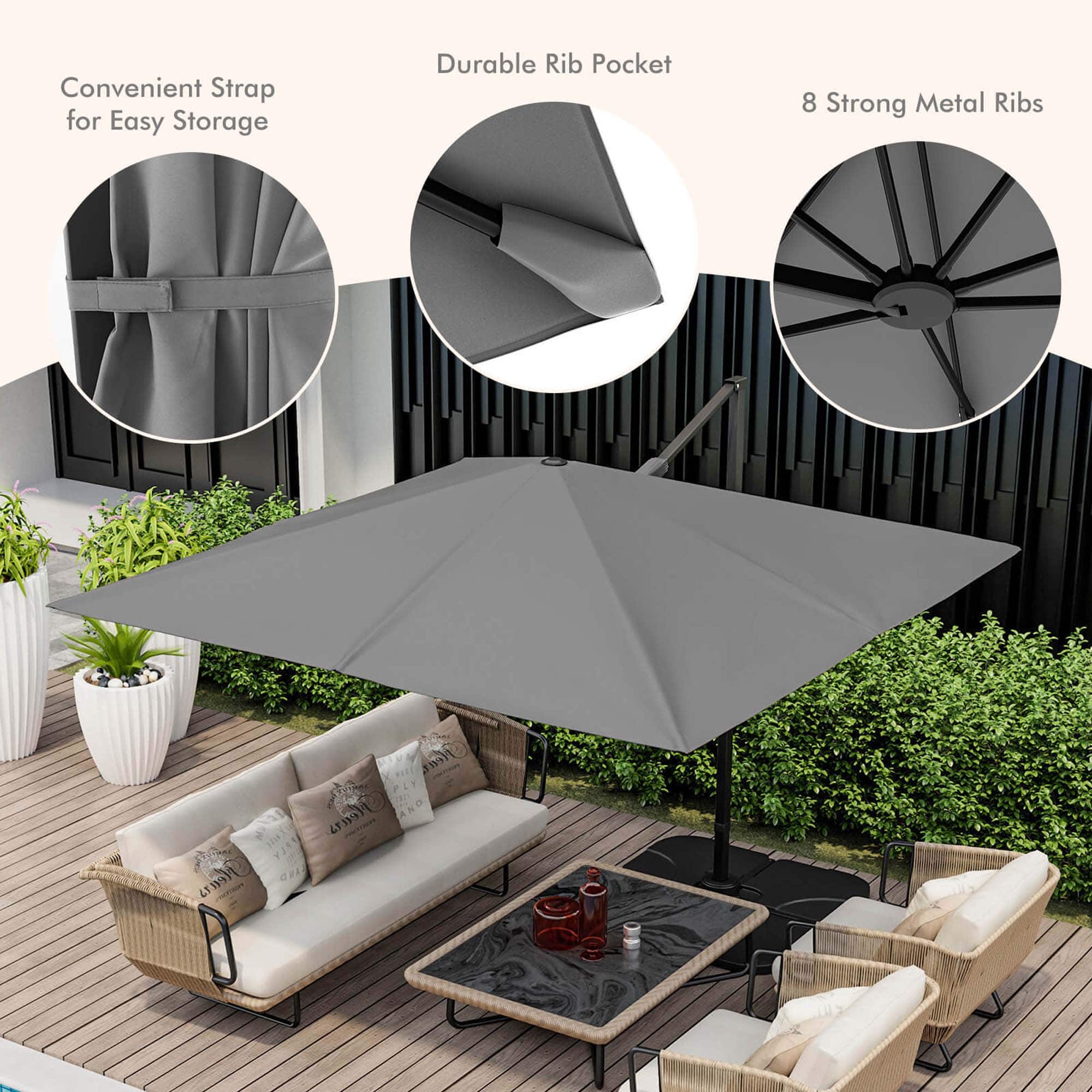 Costway - Patio 9.5FT Square Cantilever Offset Hanging Umbrella 2-Tier 360° Outdoor - Gray - Image 9
