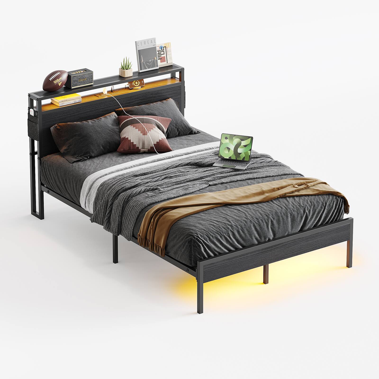 Bestier - Full Size Bed Frame with LED Lights, Storage Headboard, USB Ports & Under-Bed Space, No Box Spring Needed - Black - Image 3