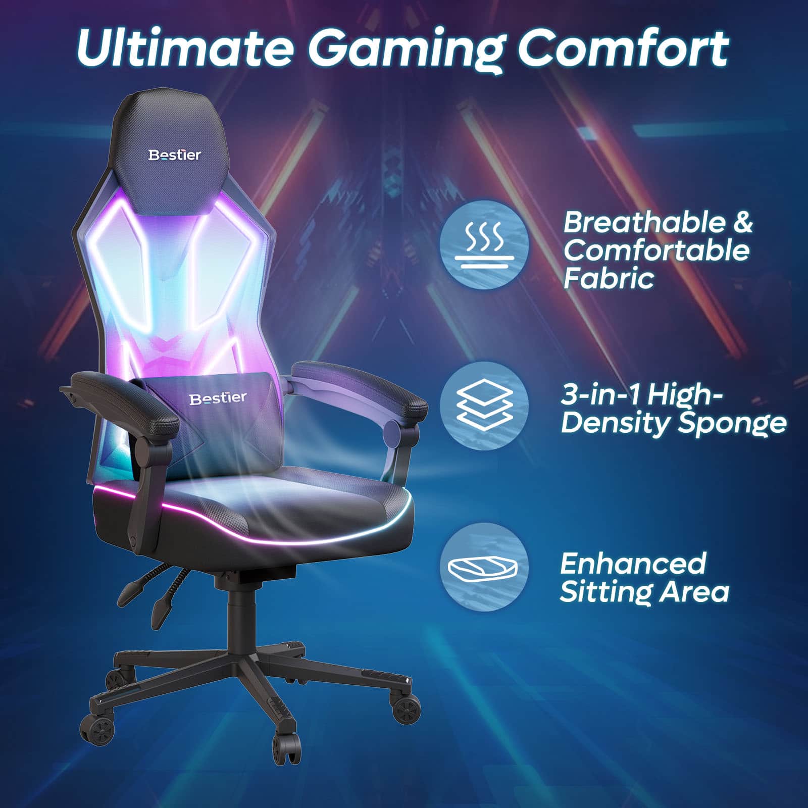 Bestier - RGB Gaming Chair with LED Lights Ergonomic Spring Cushion & Breathable Mesh Back - Black - Image 9