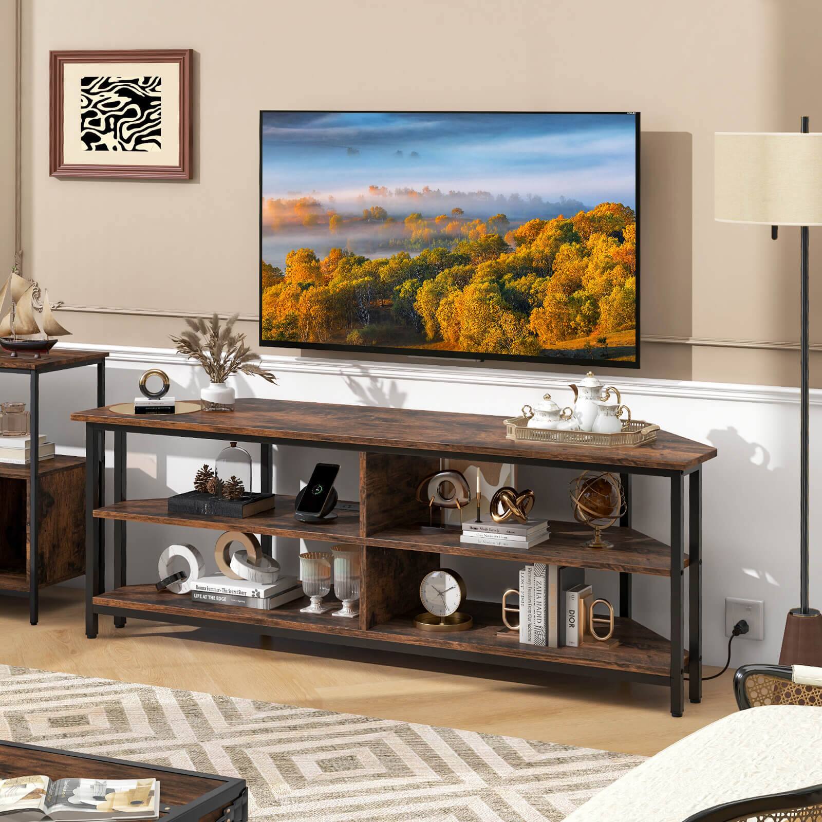 Costway - Corner TV Stand for TVs up to 65" TV Console Table with AC Outlets&USB A Ports - Rustic Brown - Image 4