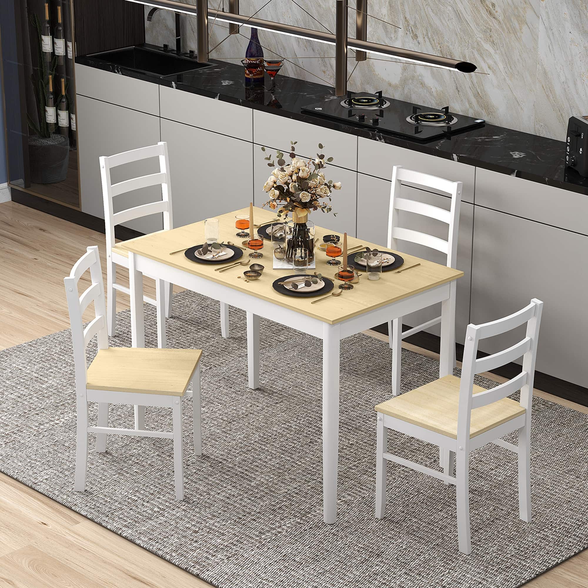Costway - 5-Piece Dining Set Solid Wood Kitchen Furniture with Rectangular Table & 4 Chairs - Natural - Image 8