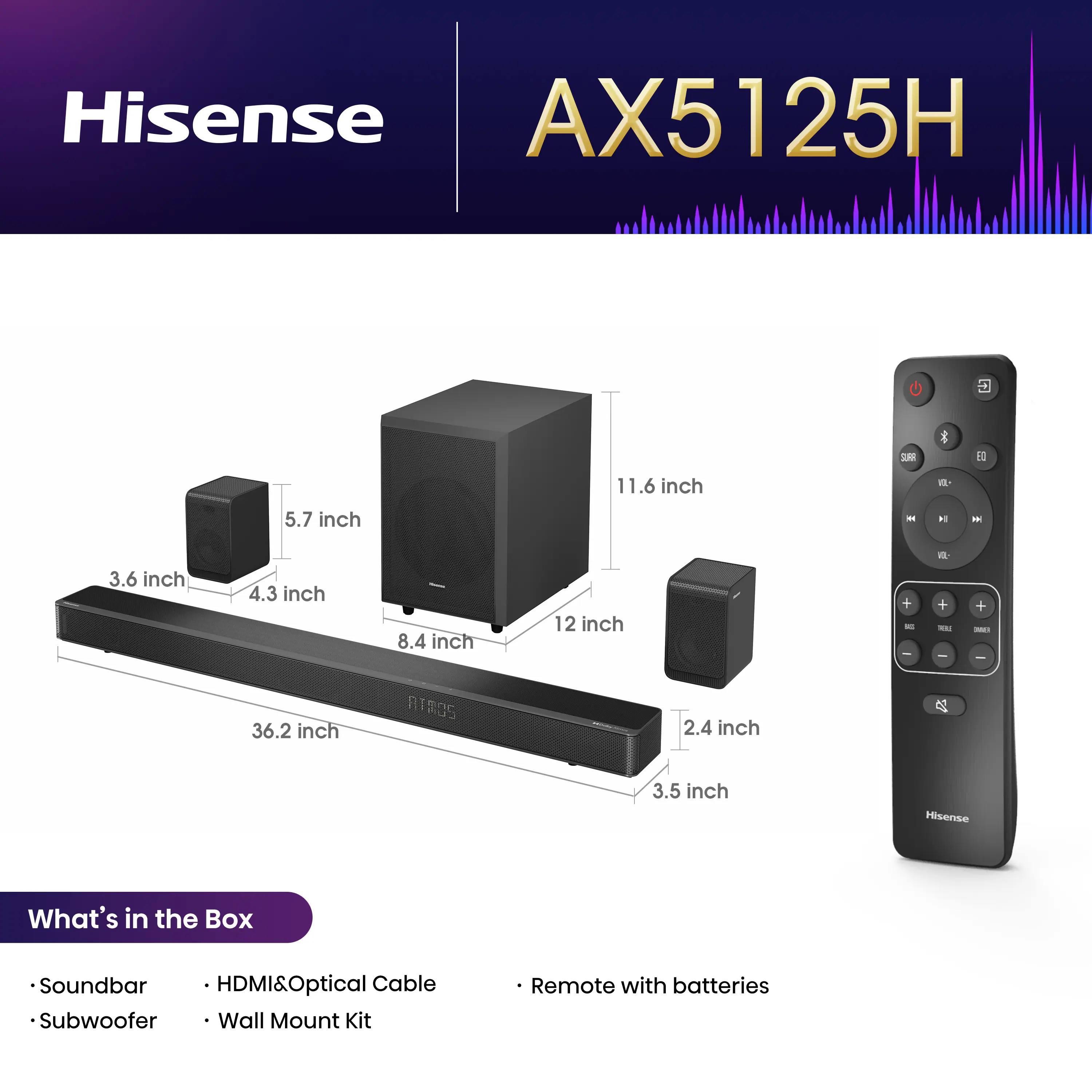Hisense - 5.1.2 CH AX Series Dolby ATMOS Soundbar with Wireless Rear Satellite Speakers & Wireless Subwoofer - Black - Image 4