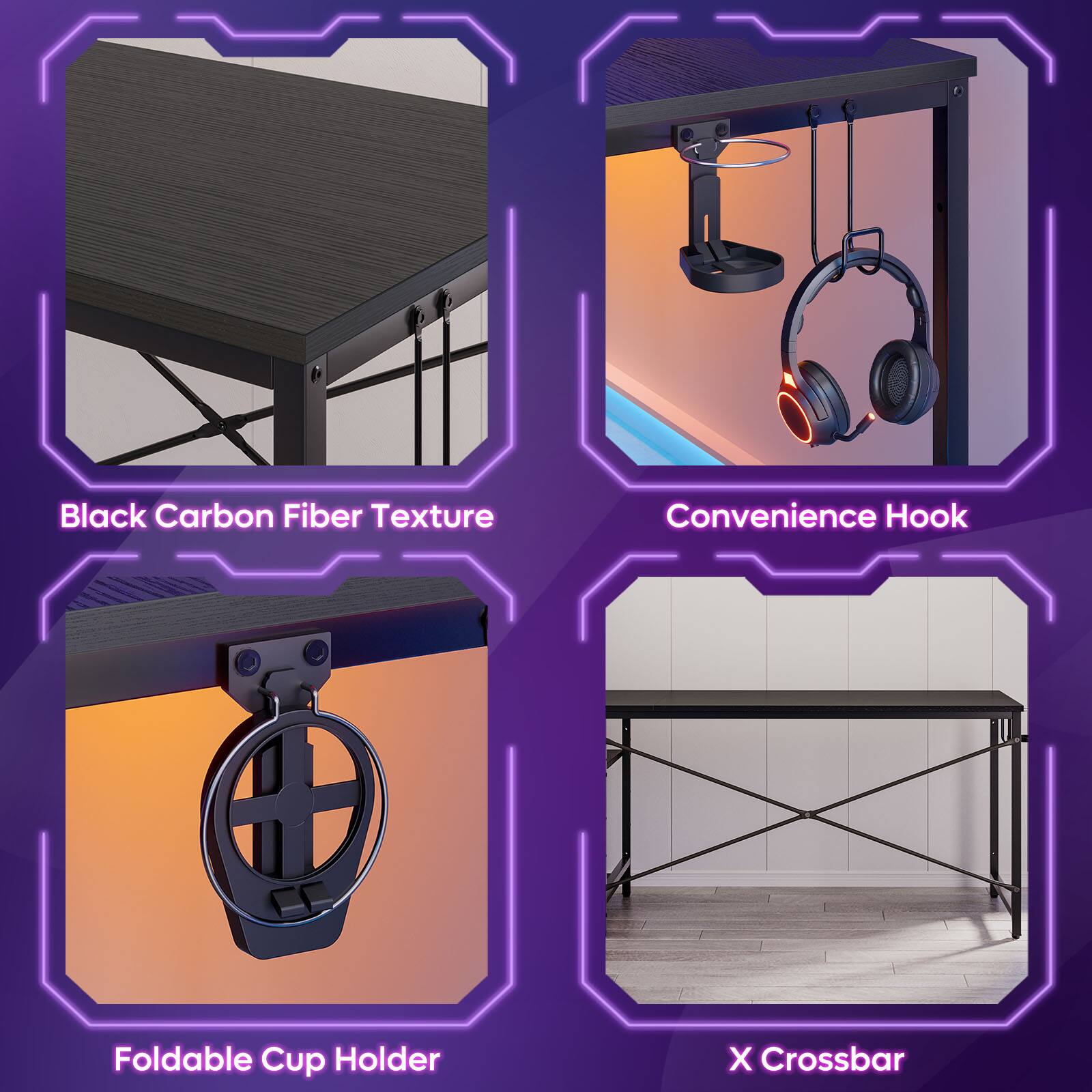 Bestier - 61 Inch RGB Gaming Desk with LED Lights & Storage Shelf - Ergonomic Computer Desk - Black - Image 7