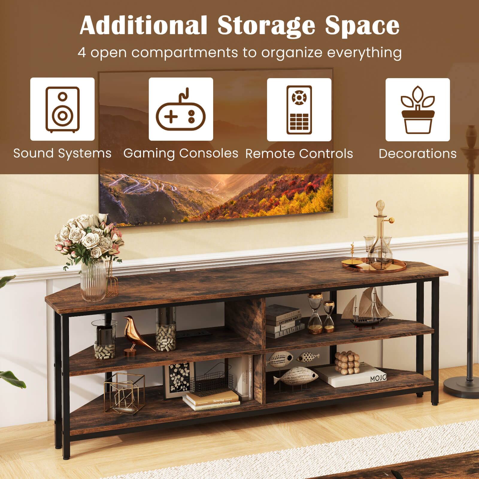 Costway - Corner TV Stand for TVs up to 65" TV Console Table with AC Outlets&USB A Ports - Rustic Brown - Image 8