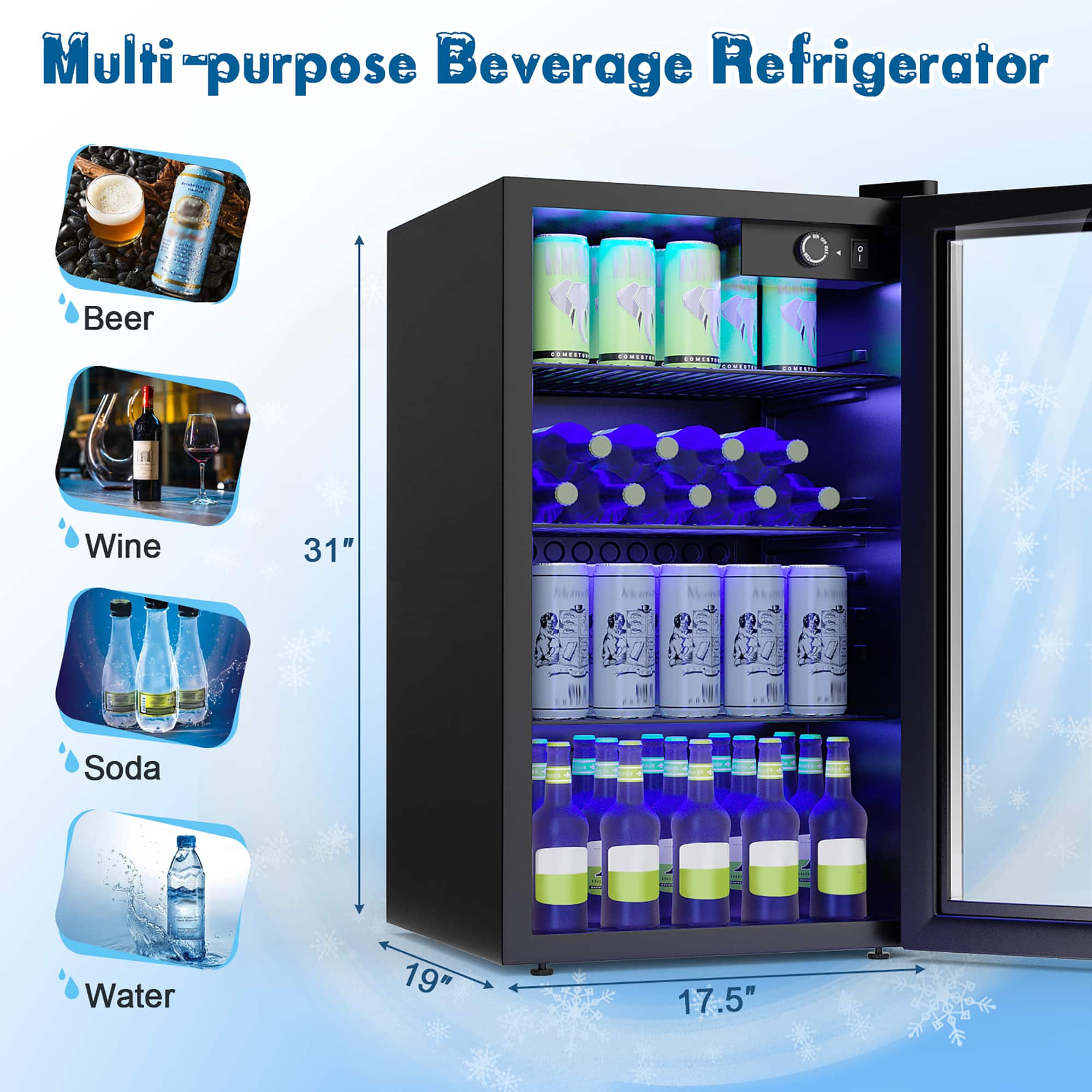 Costway - 120 Can Beverage Refrigerator Beer Wine Soda Drink Cooler Mini Fridge - Black - Image 6
