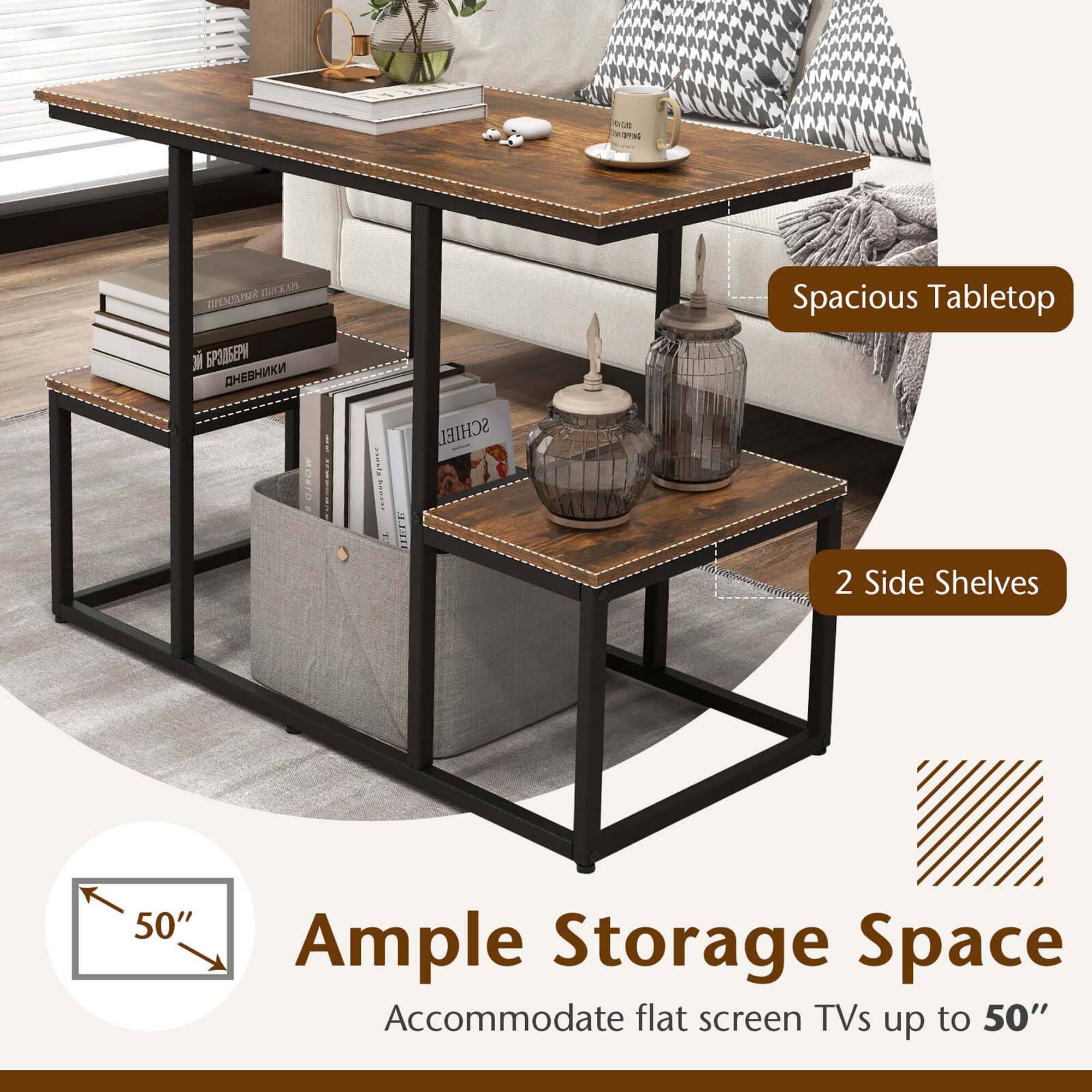 Costway - Rustic TV Console Table for 50" TVs Industrial Sofa Table with Open Storage Shelves - Rustic Brown - Image 6
