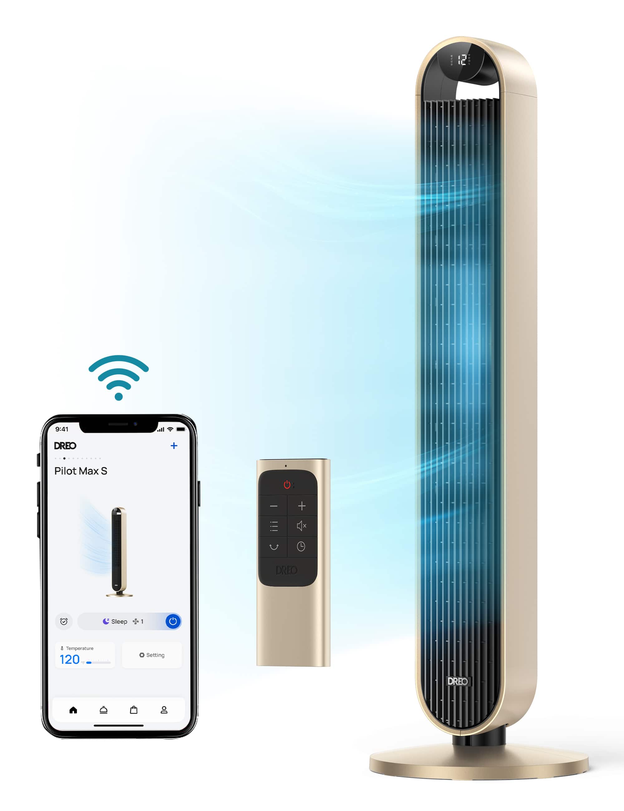 Dreo - 120°Oscillating Bladeless Fan for Bedroom, 25dB Quiet DC Motor, Standing Fan with Remote, 12 Hyper Wind Speeds - Gold