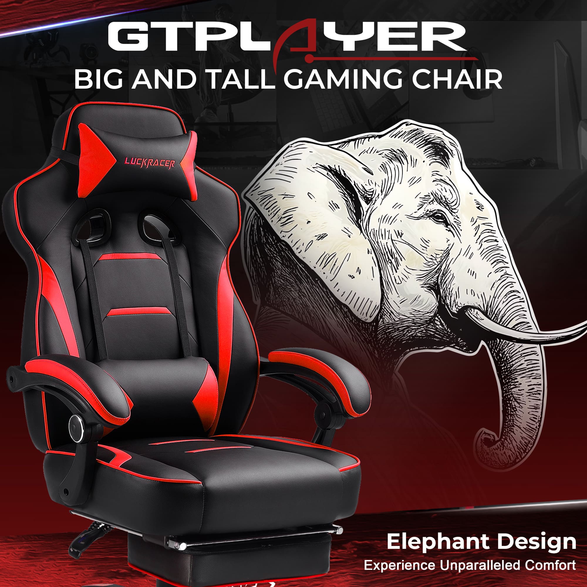 GTPlayer - F59 Racing Style Gaming Chair with Footrest - Red - Image 8