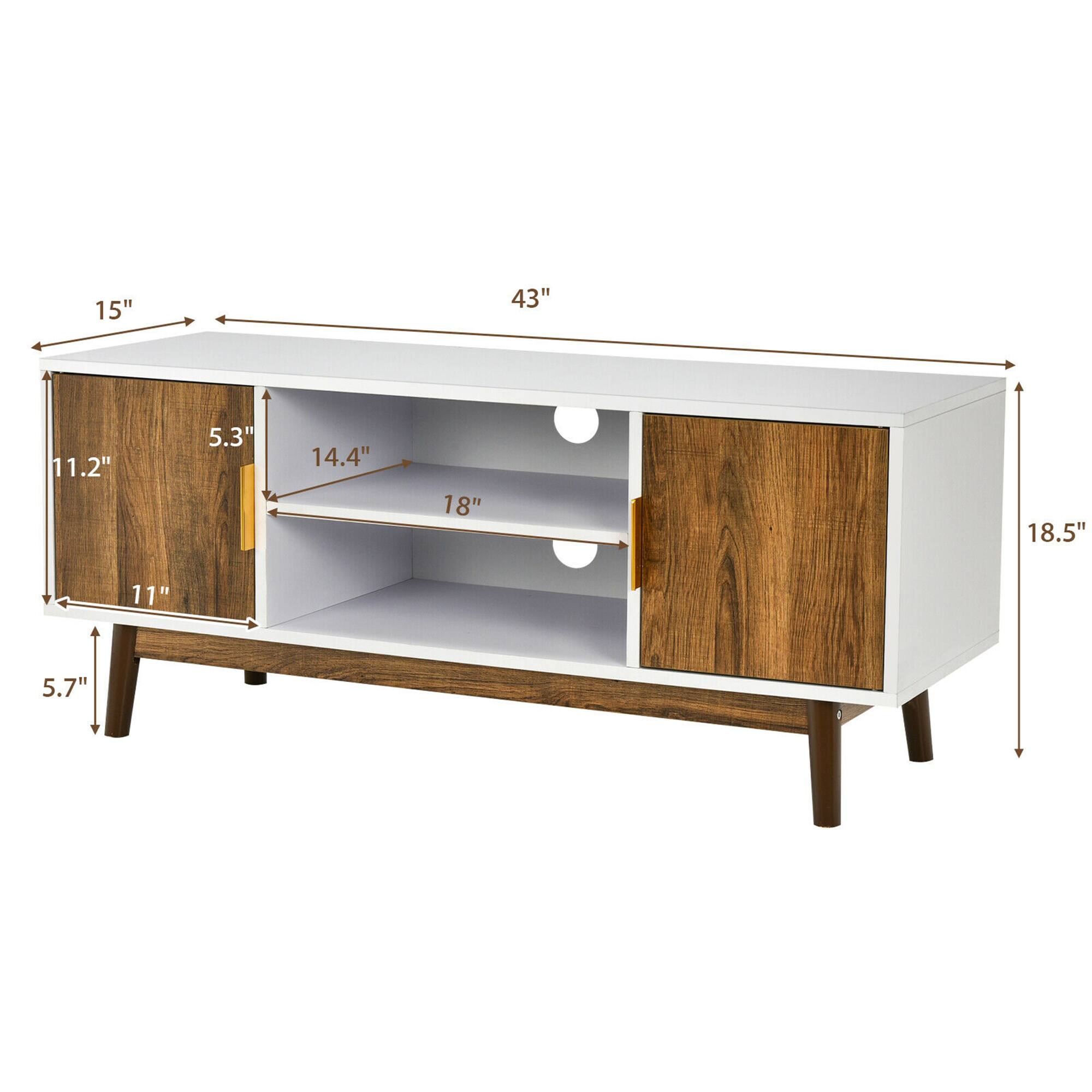 Costway - TV Stand Entertainment Media Console w/2 Storage Cabinets & Open Shelves - White/Rustic Oak - Image 3