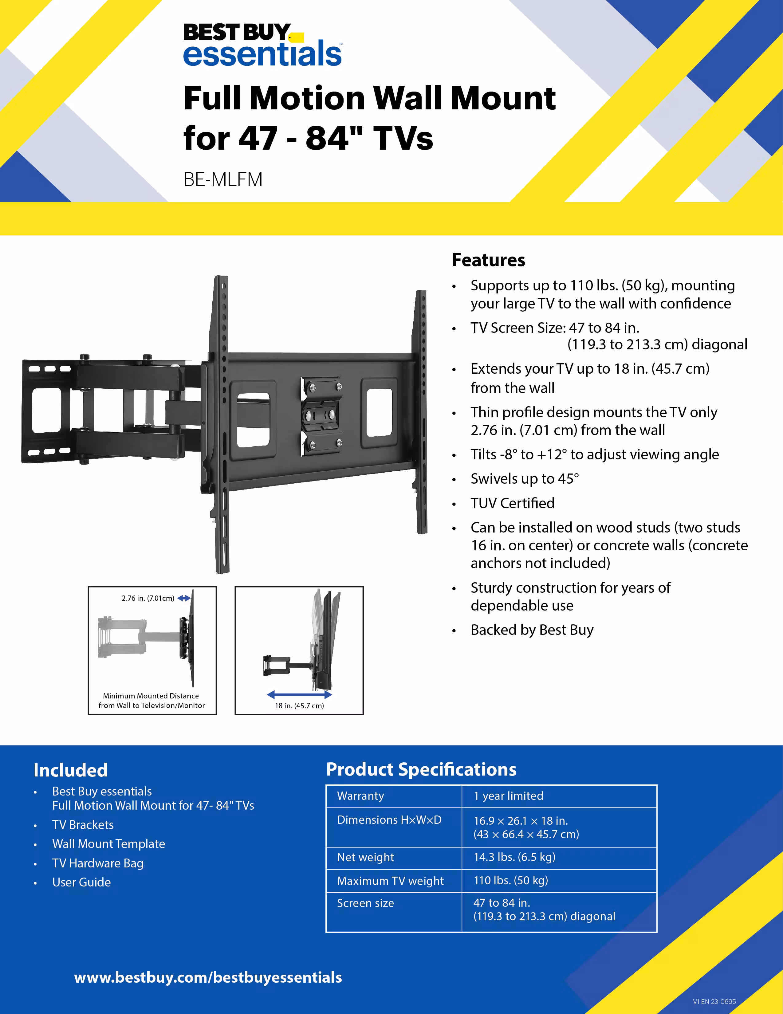 essentials™ - Full Motion TV Wall Mount for 47–84" TVs - Black - Image 3