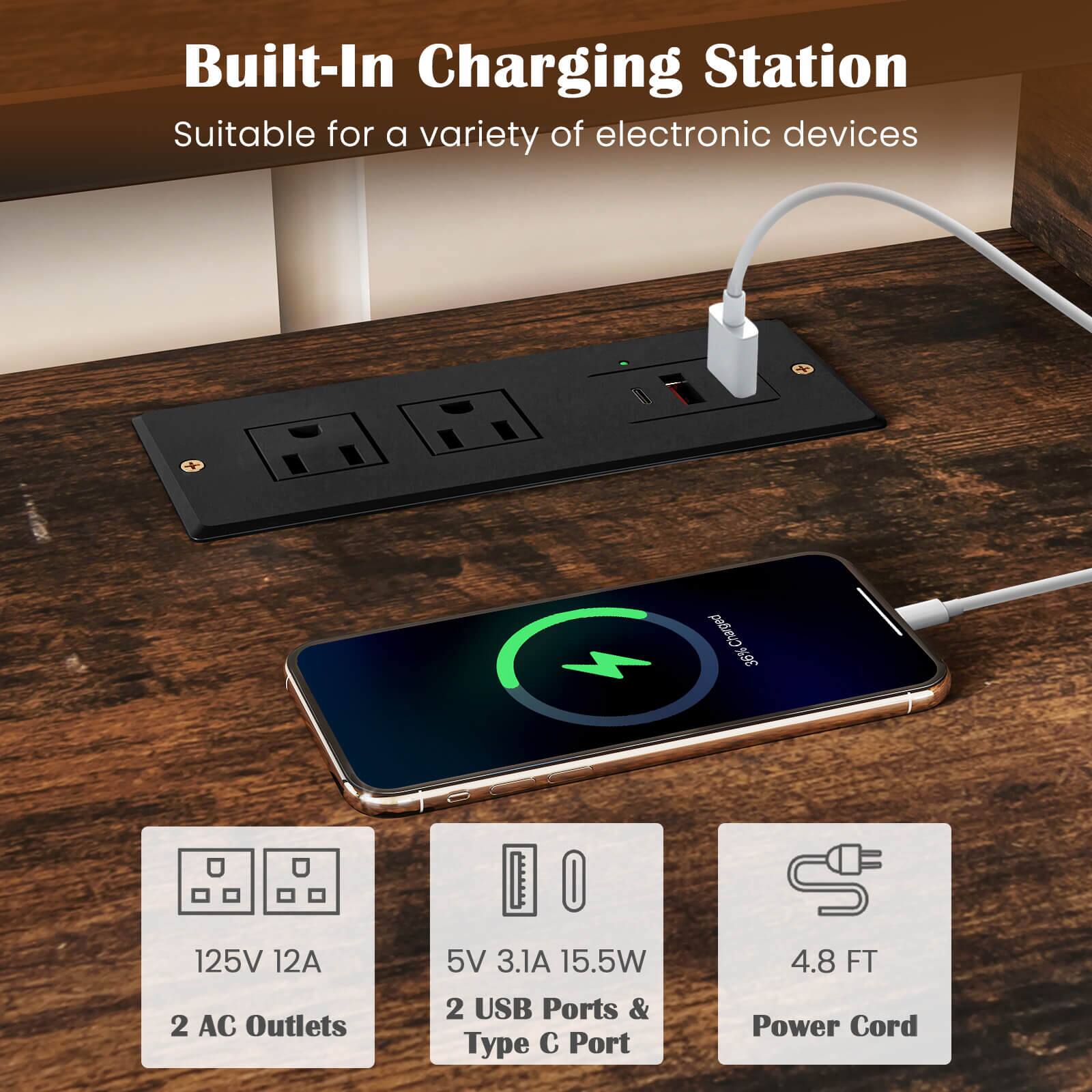 Costway - Corner TV Stand for TVs up to 65" TV Console Table with AC Outlets&USB A Ports - Rustic Brown - Image 7
