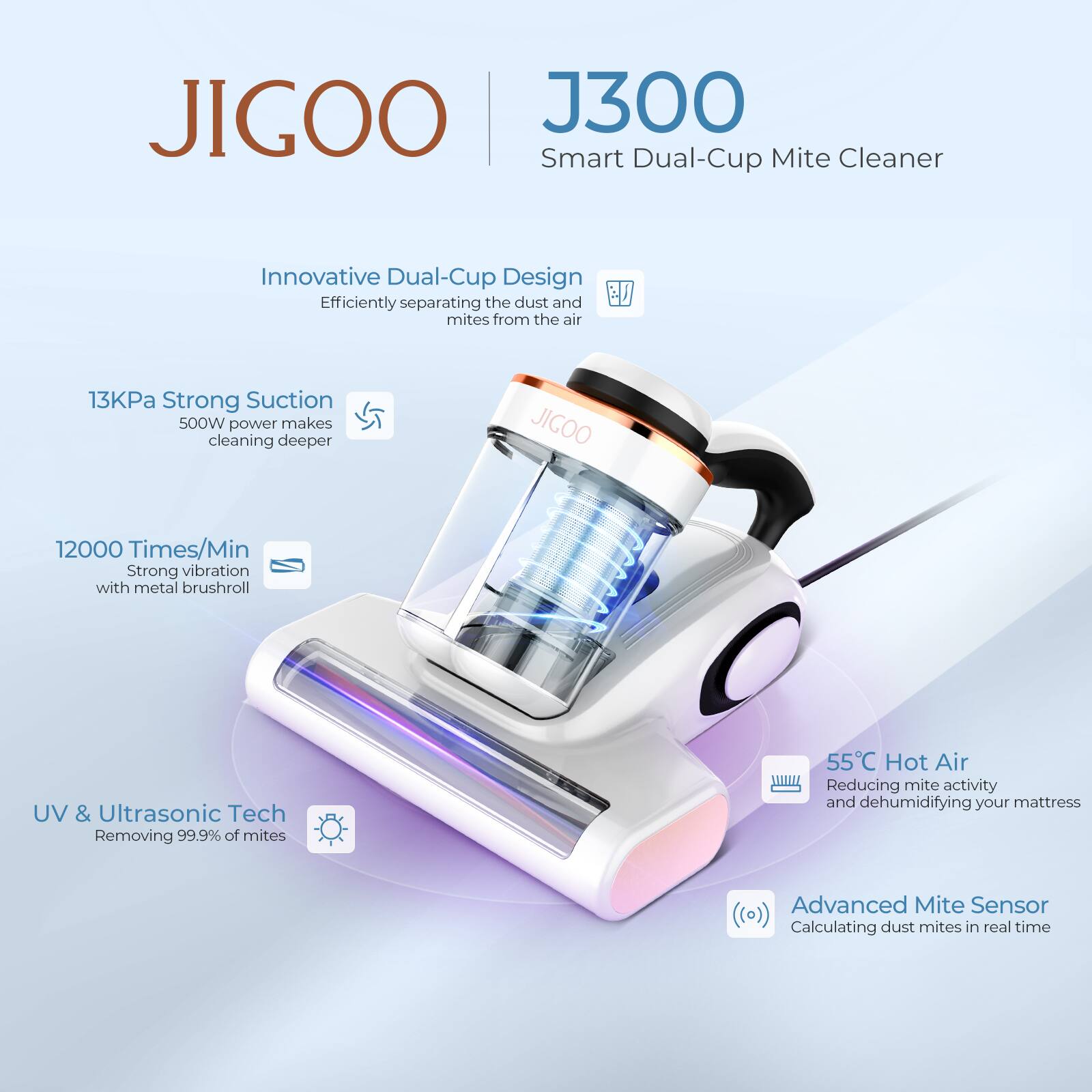JIGOO - Bed Vacuum Cleaner with Dust Sensor, 13Kpa Suction 500W Mattress Vac with UV Light & Ultrasonic for Dust & Pet Hair - White - Image 8