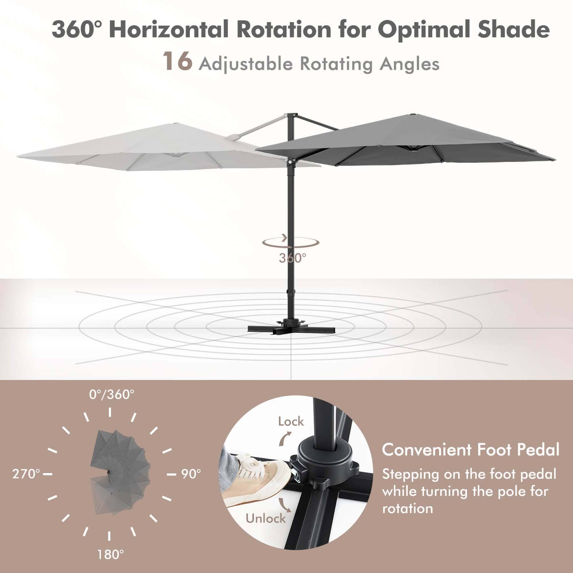 Costway - Patio 9.5FT Square Cantilever Offset Hanging Umbrella 2-Tier 360° Outdoor - Gray - Image 6