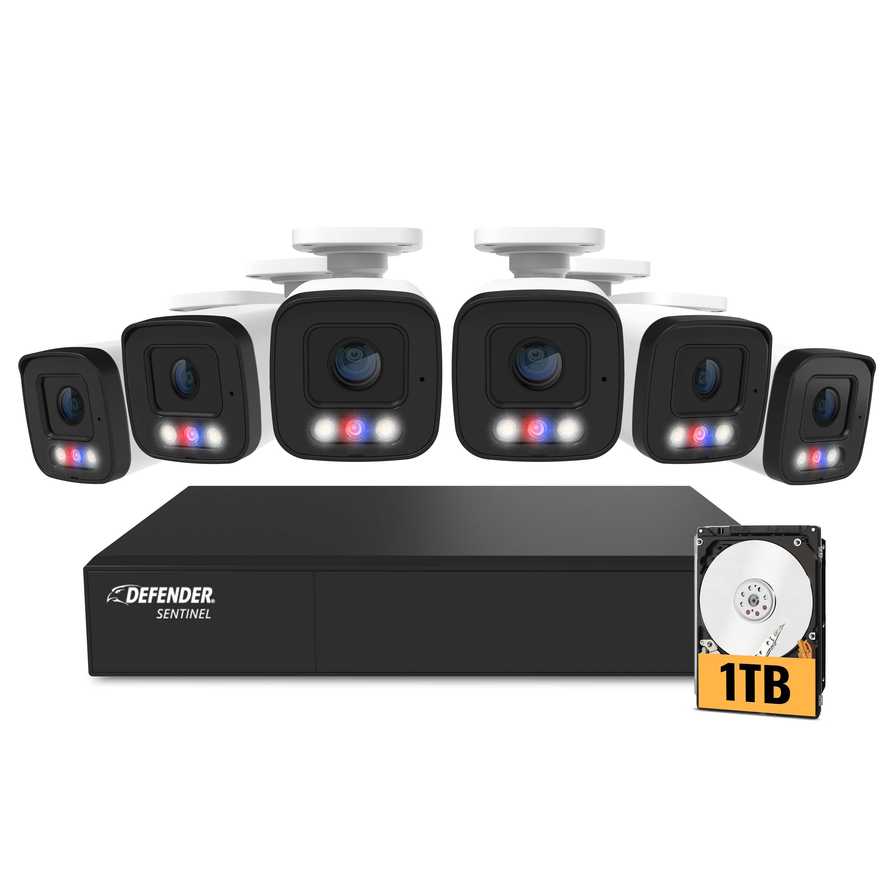 Defender - AI POWERED Sentinel 4K Ultra HD Wired 8 Channel PoE NVR Security System, 6 Metal Cameras & 1TB HDD - White