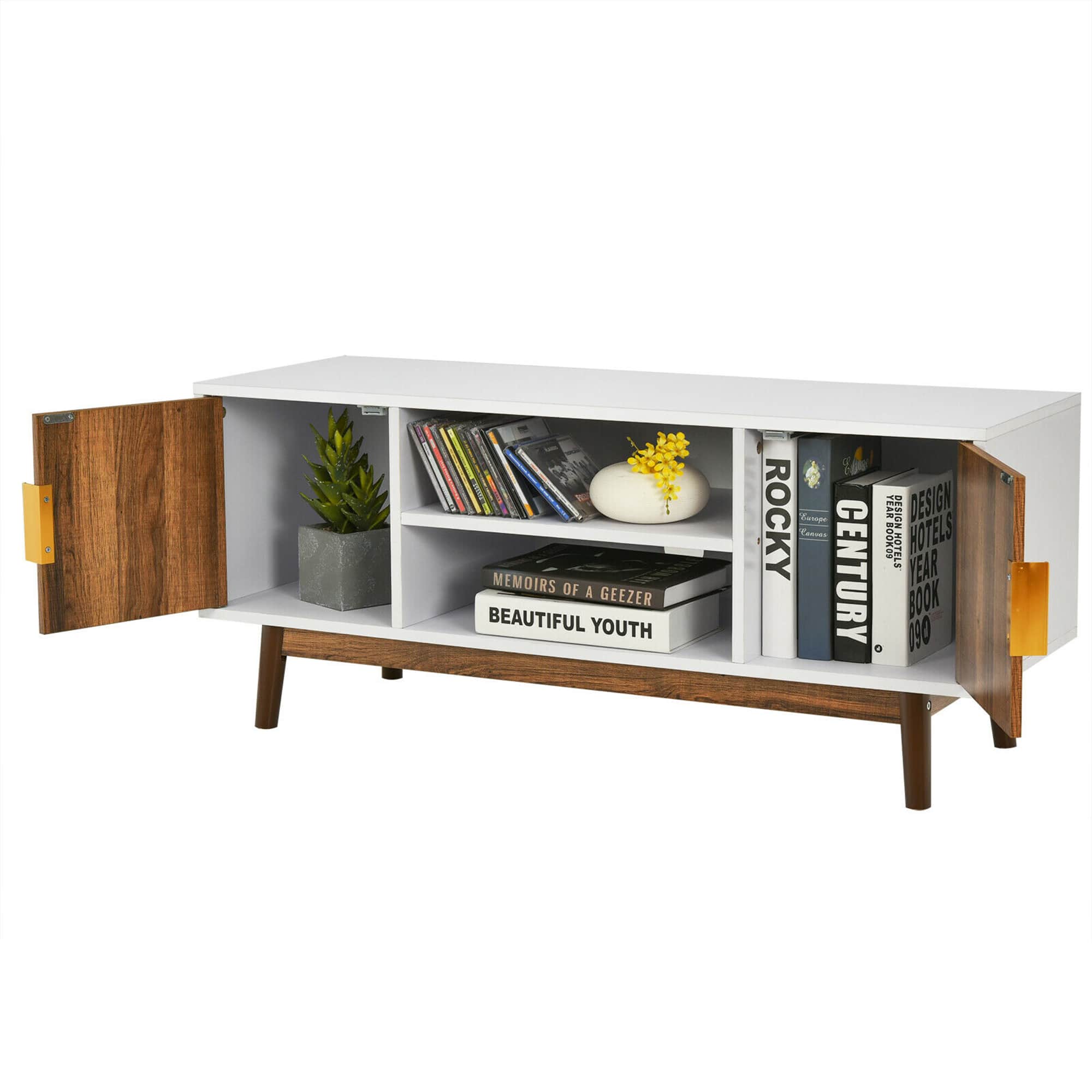 Costway - TV Stand Entertainment Media Console w/2 Storage Cabinets & Open Shelves - White/Rustic Oak - Image 10