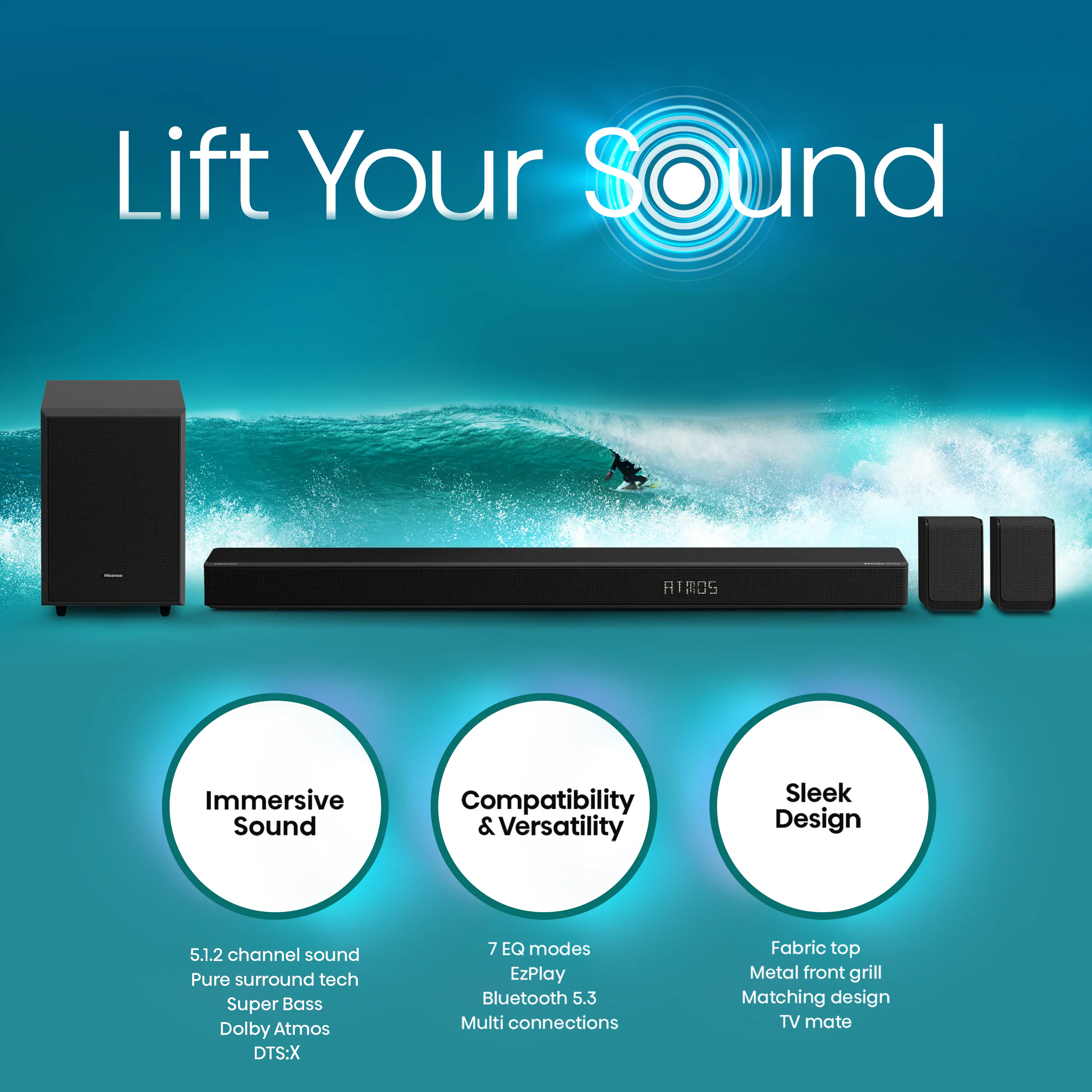 Hisense - 5.1.2 CH AX Series Dolby ATMOS Soundbar with Wireless Rear Satellite Speakers & Wireless Subwoofer - Black - Image 8