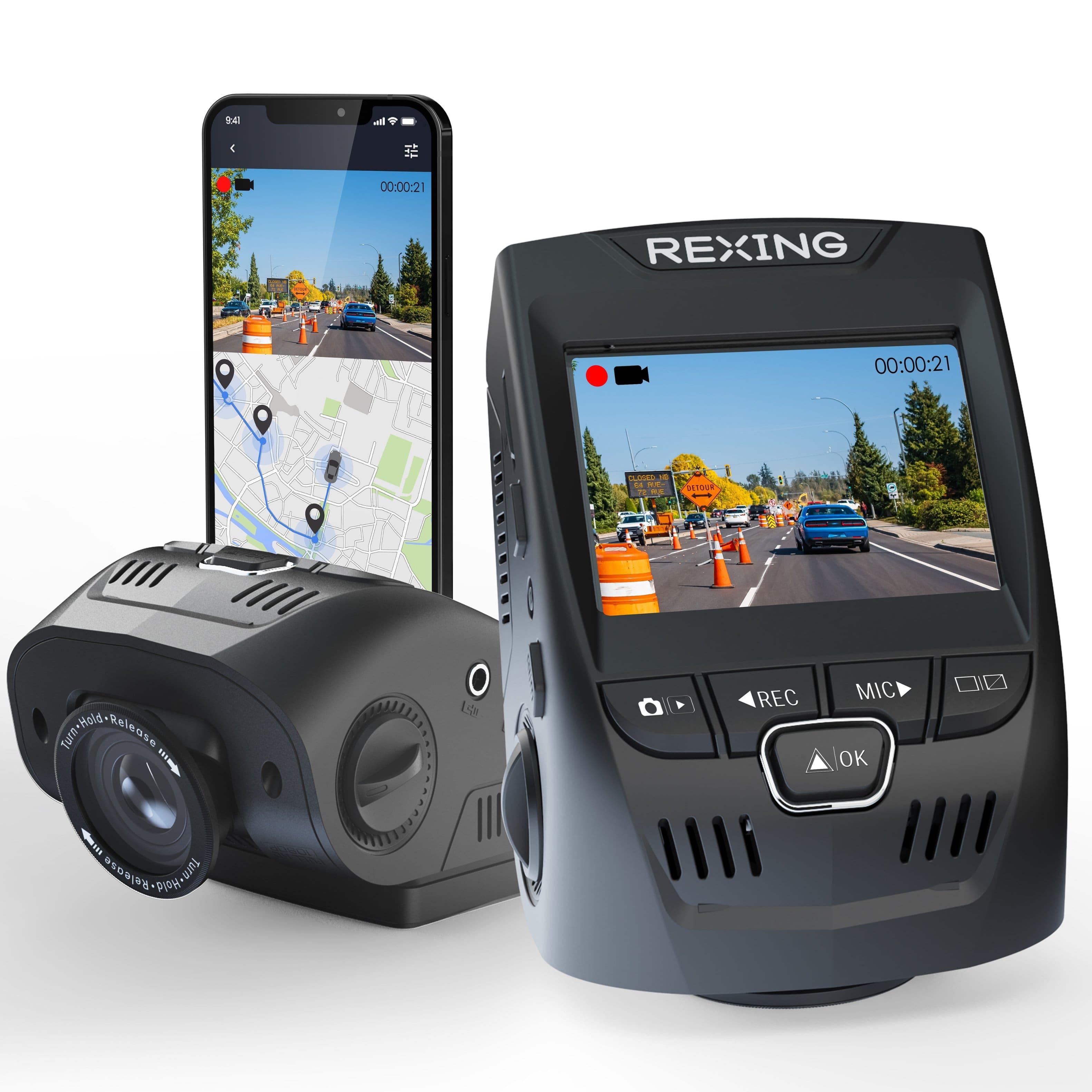Rexing - V1GW-4K 2.4" 4K Ultra HD Car Dash Cam with Wi-Fi Built-in GPS and Adhesive Mount - Black