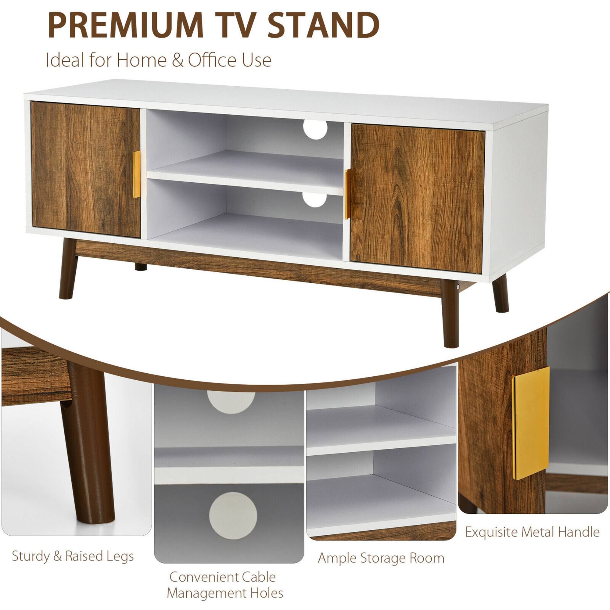 Costway - TV Stand Entertainment Media Console w/2 Storage Cabinets & Open Shelves - White/Rustic Oak - Image 9
