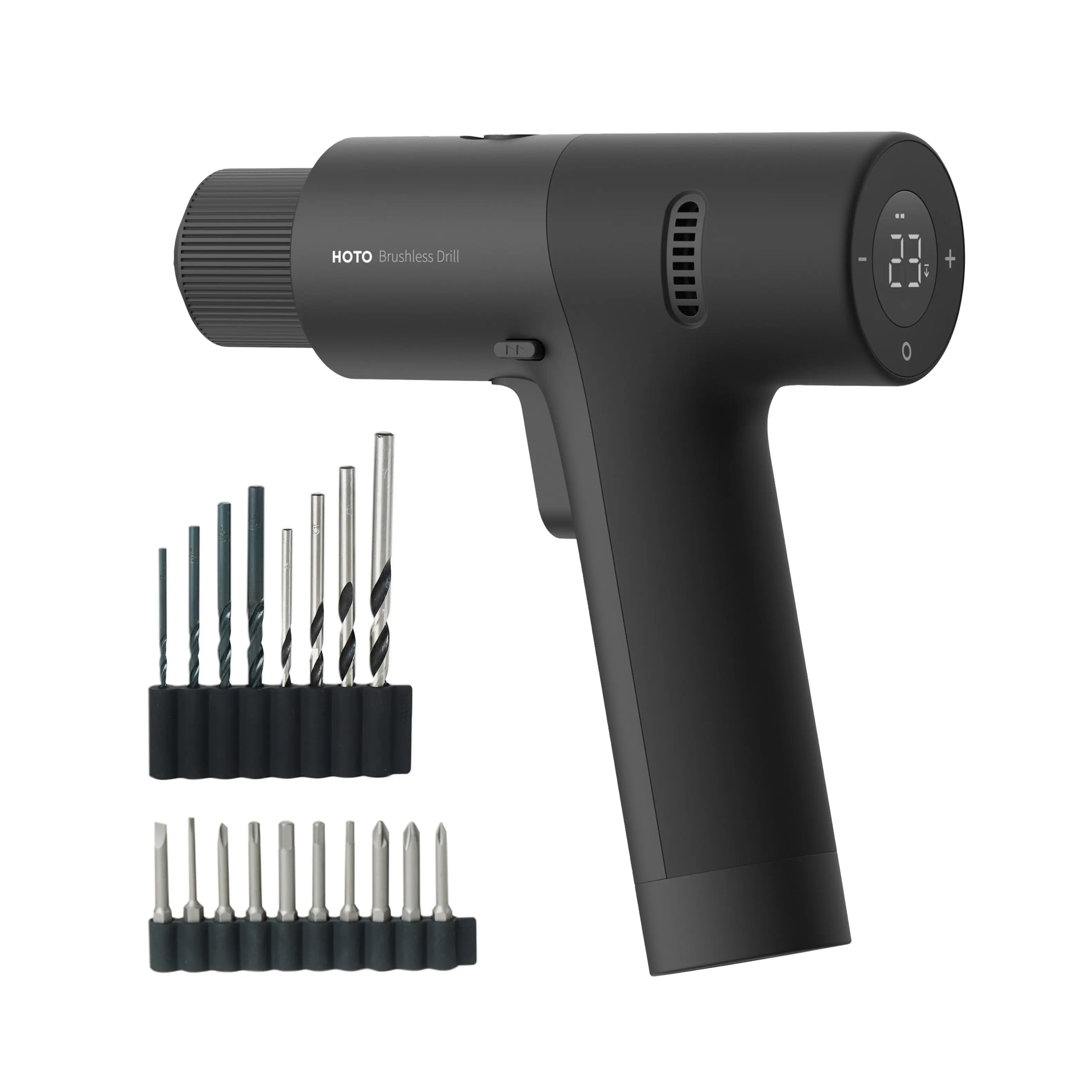 HOTO - 12V Brushless Drill, Digital Display, 30 Precision Gears, Variable Speed. 18 Screw & Drill Bits - Black
