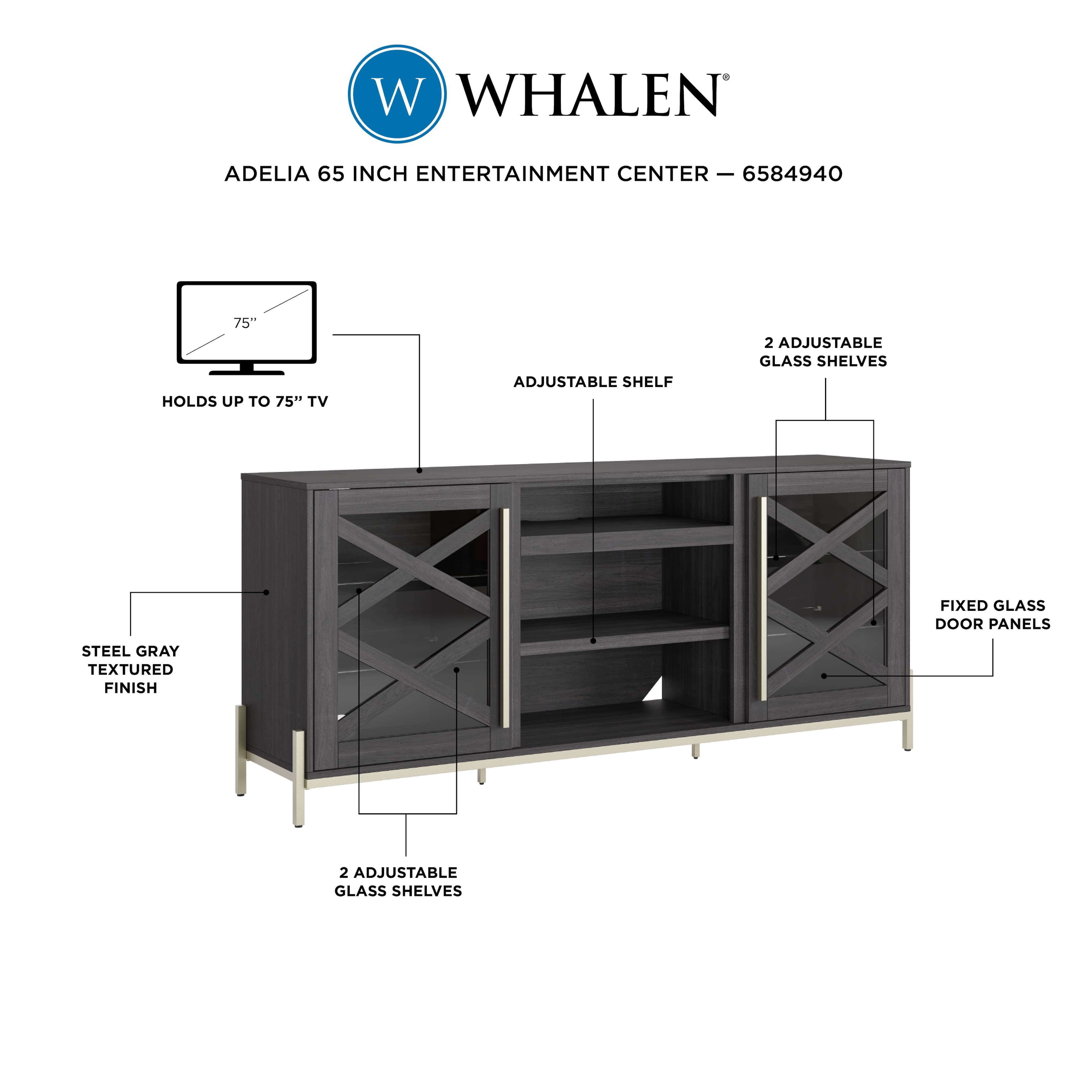 Whalen Furniture - Adelia 65in TV Console - Dark Steel Gray - Image 7