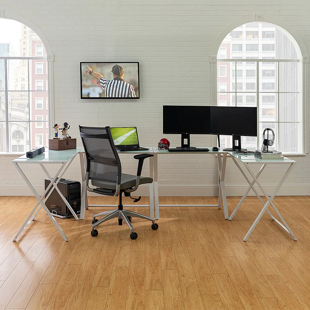 Walker Edison - 51" L-Shaped Modern Glass Computer Desk - White - Image 2