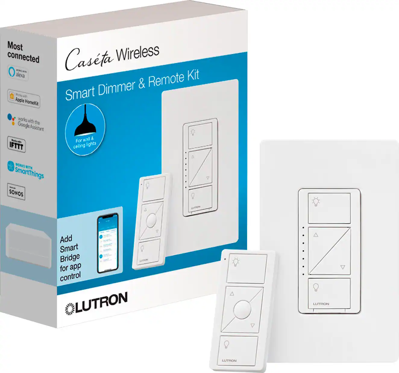 Lutron - Caseta Smart Lighting Dimmer Switch and Remote Kit for Wall and Ceiling Lights - White
