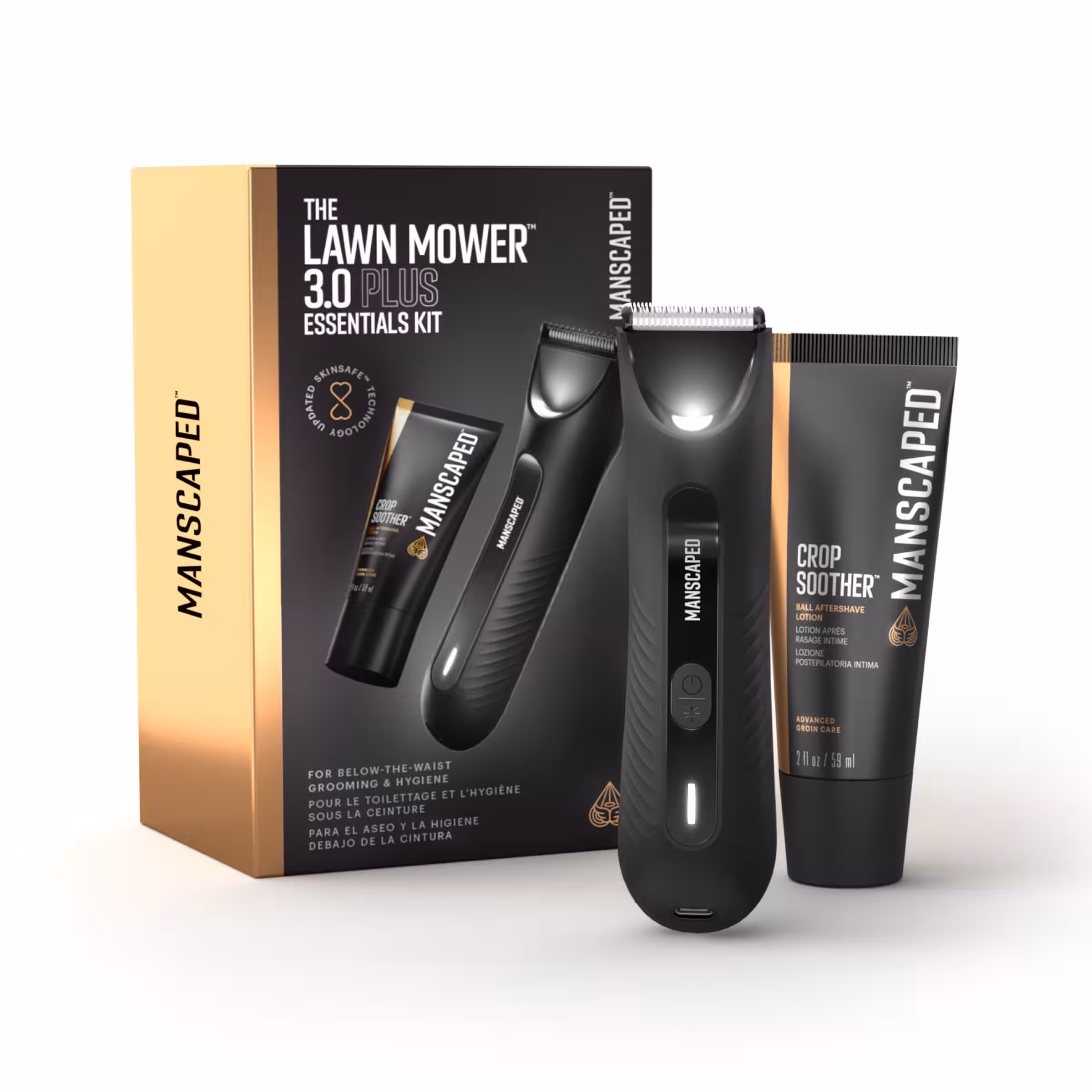 Manscaped - The Lawn Mower 3.0 Plus Essentials Kit, SkinSafe Rechargeable Wet/Dry Groin and Body Hair Trimmer, Grooming Gift Set - Black