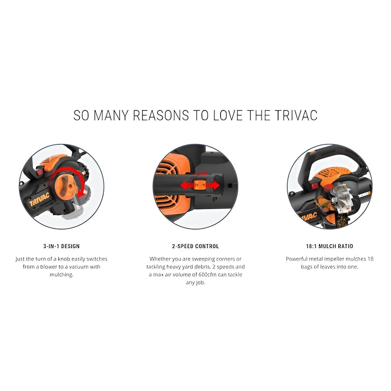 WORX - 12 Amp TRIVAC 70 MPH 600 CFM Corded Blower, Mulcher, and Vaccum - Black - Image 3