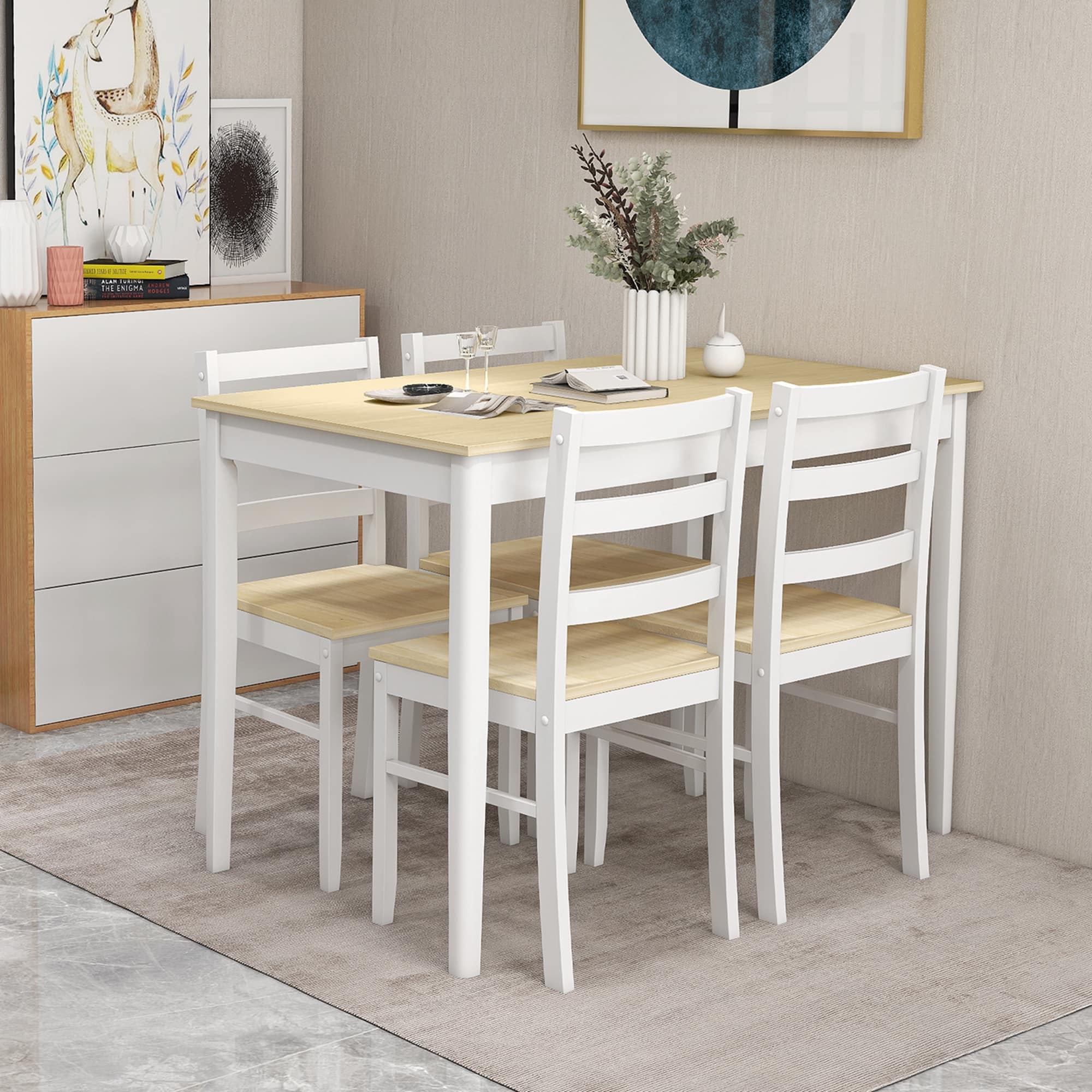 Costway - 5-Piece Dining Set Solid Wood Kitchen Furniture with Rectangular Table & 4 Chairs - Natural - Image 2