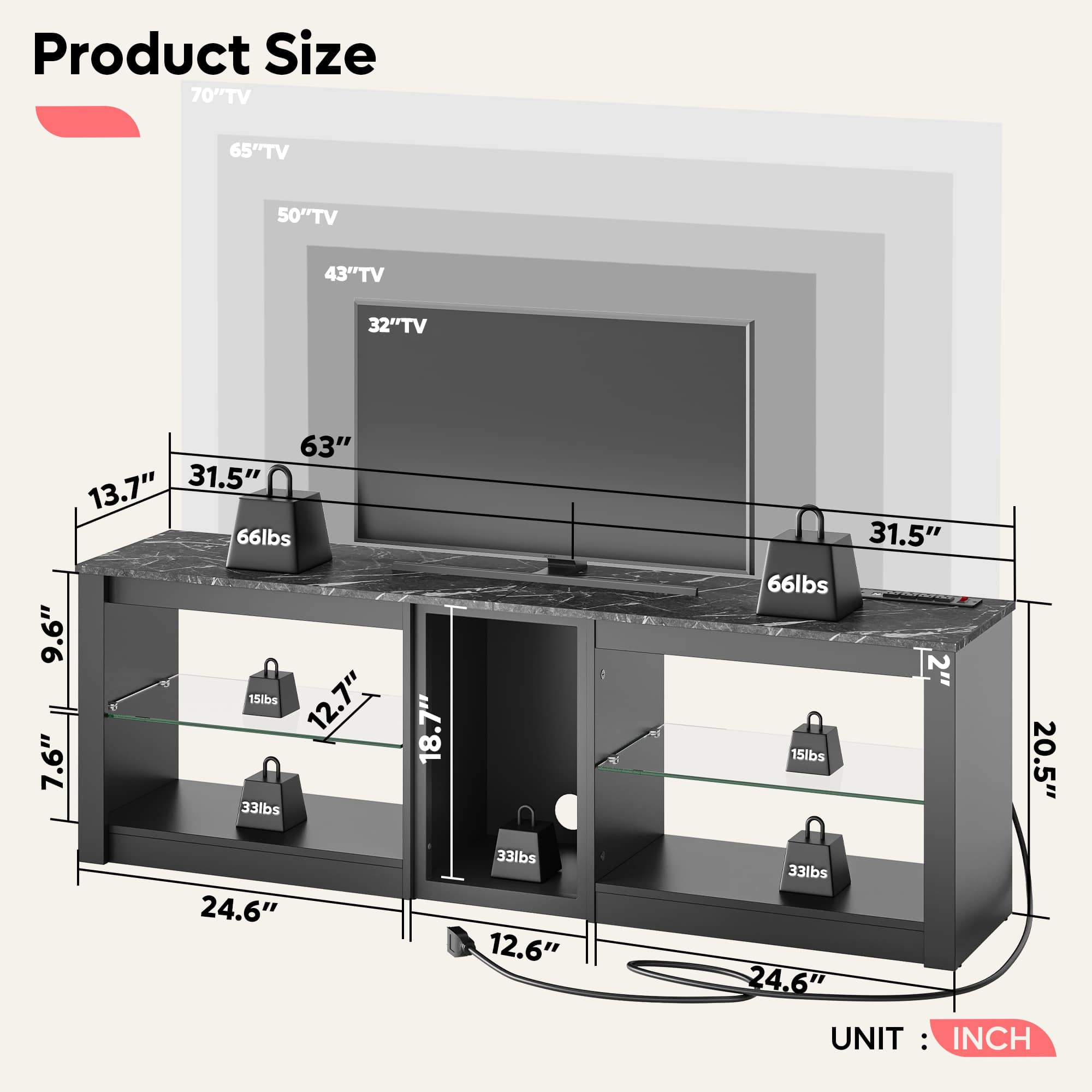 Bestier - 63" Gaming Entertainment Center with LED Lighting, Cabinet, and Shelves for TVs up to 70" - Black - Image 3