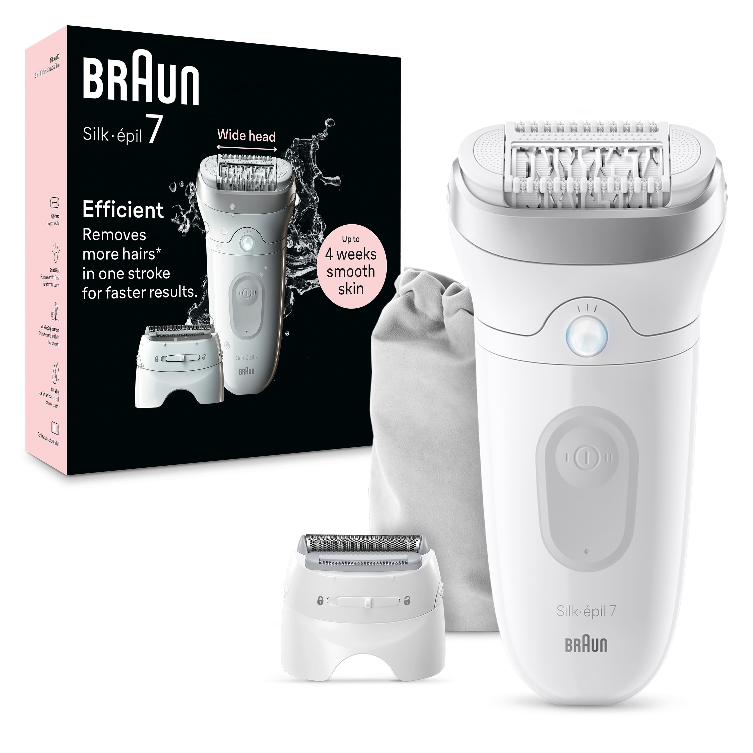 Braun - Silk-épil 7 Epilator, Wet and Dry, Wide Head, Includes Shaver Head and Trimmer Comb - White/Grey/Silver