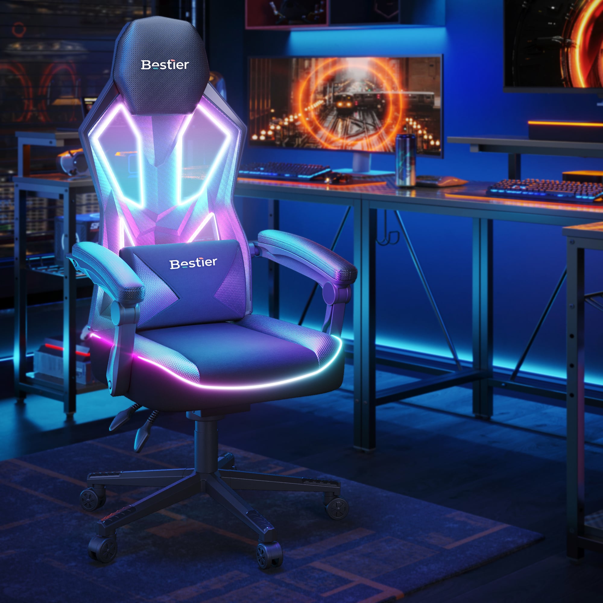 Bestier - RGB Gaming Chair with LED Lights Ergonomic Spring Cushion & Breathable Mesh Back - Black - Image 2