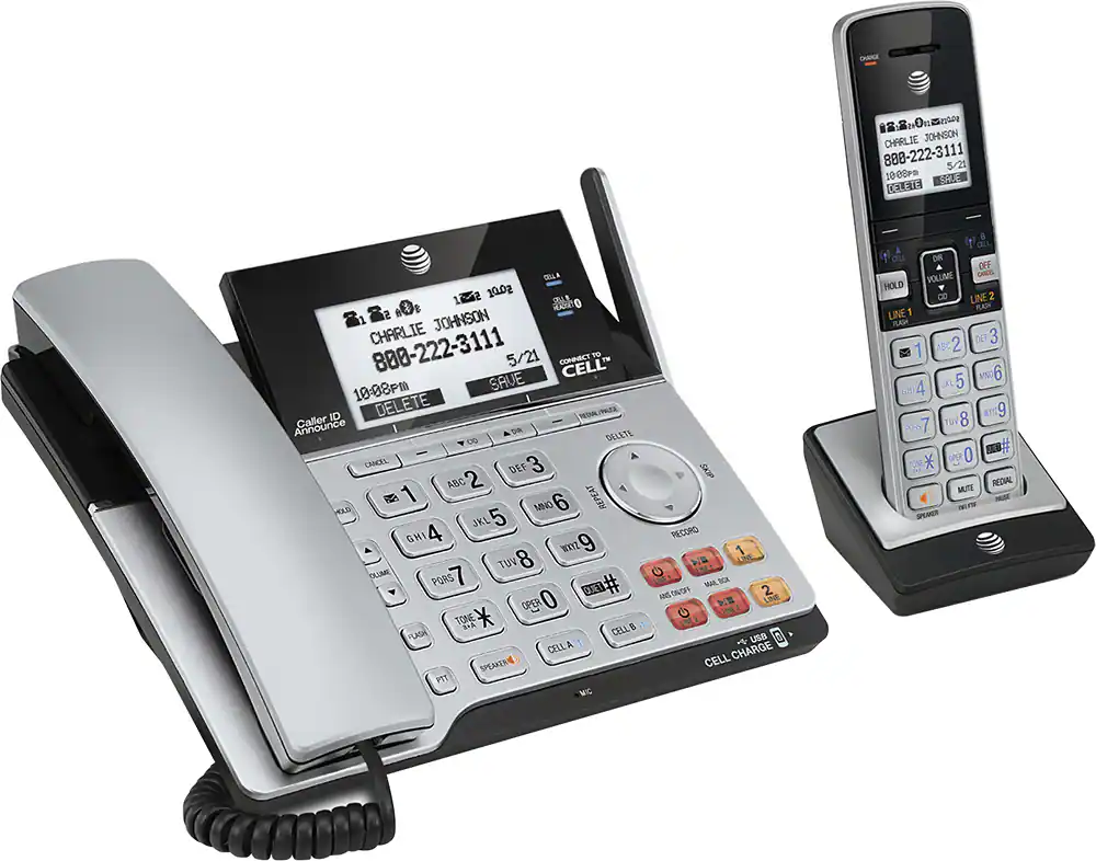 AT&T - TL86103 DECT 6.0 2-Line Expandable Corded/Cordless Phone with Bluetooth Connect to Cell and Answering System - Silver/Black