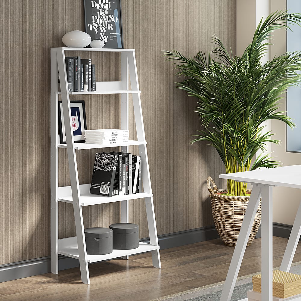 Walker Edison - 55" Leaning Ladder 4-Shelf Bookcase - White - Image 4