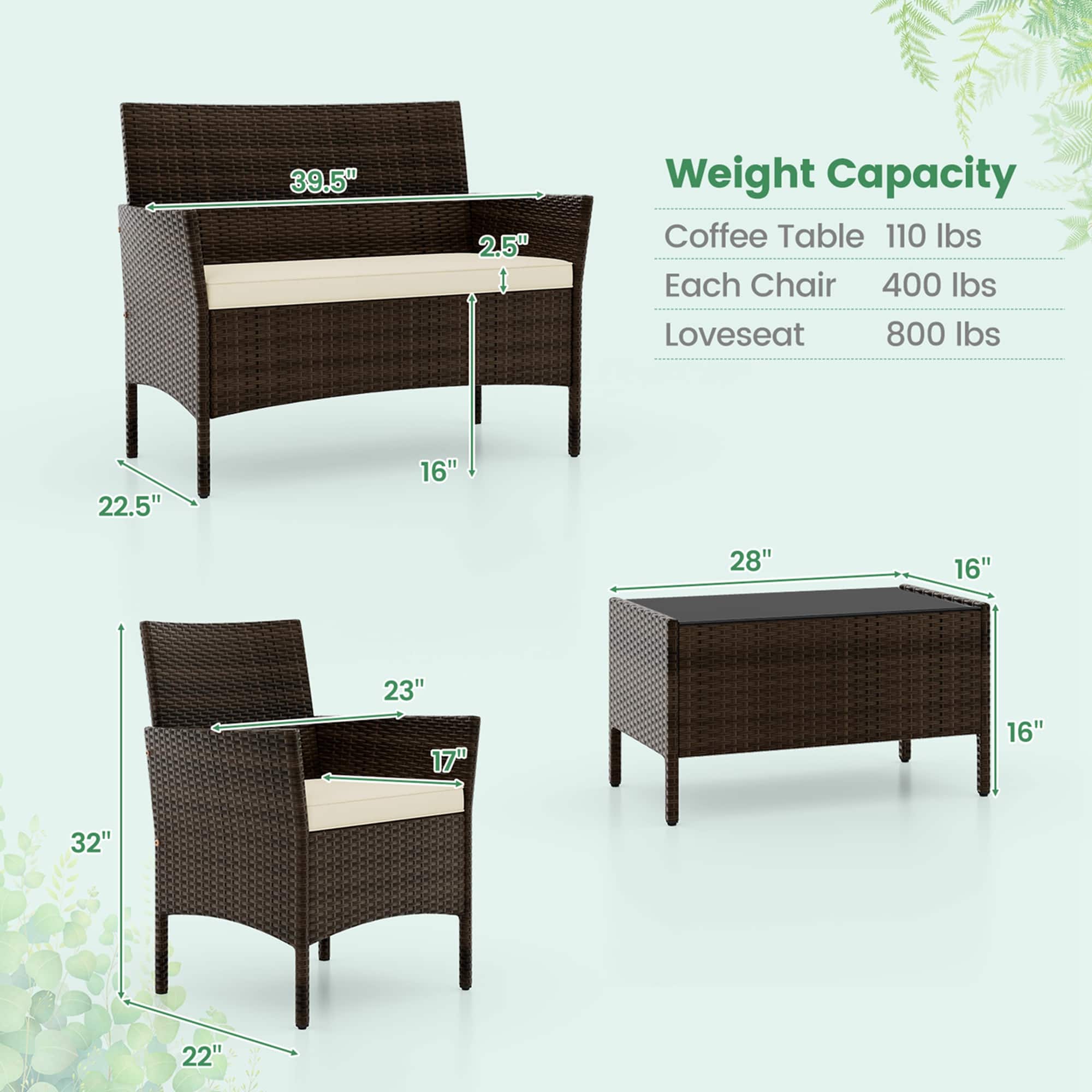 Costway - 4 PCS Patio Furniture Set with Washable Cushions and Tempered Glass Coffee Table - Beige + Mix Brown - Image 4